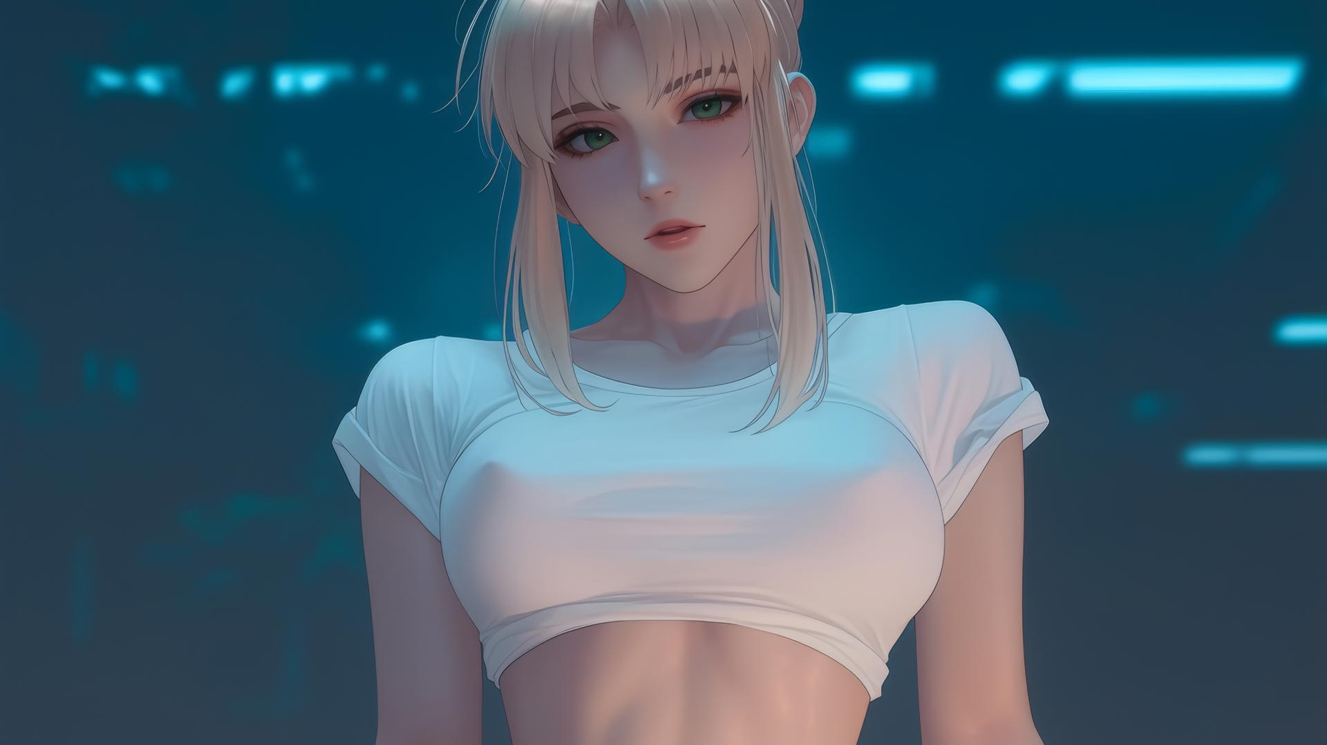 Saber from Fate Zero kneeling, leaning forward with green eyes, and a ceiling background