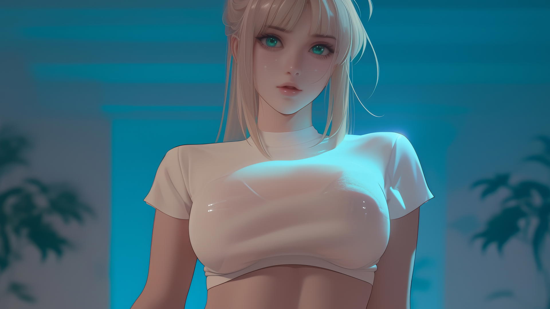 Saber from Fate Zero kneeling and leaning forward, looking down with green eyes, warm light, ceiling background.