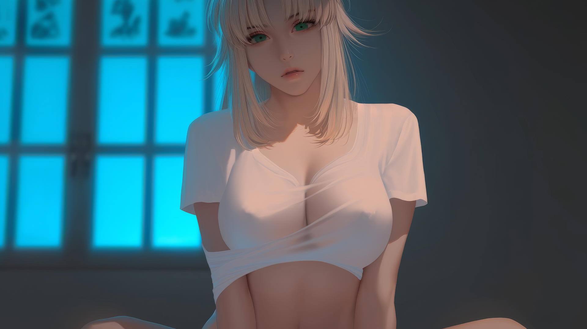 Saber from Fate Zero kneeling with soft warm light and green eyes, viewed from below