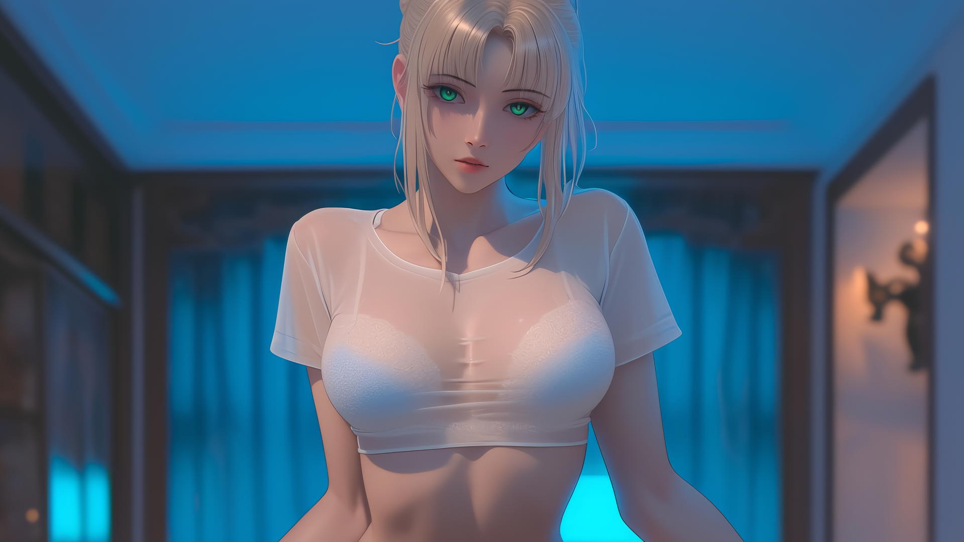 Saber from Fate Zero kneeling and leaning toward with green eyes, warm light casting a soft glow