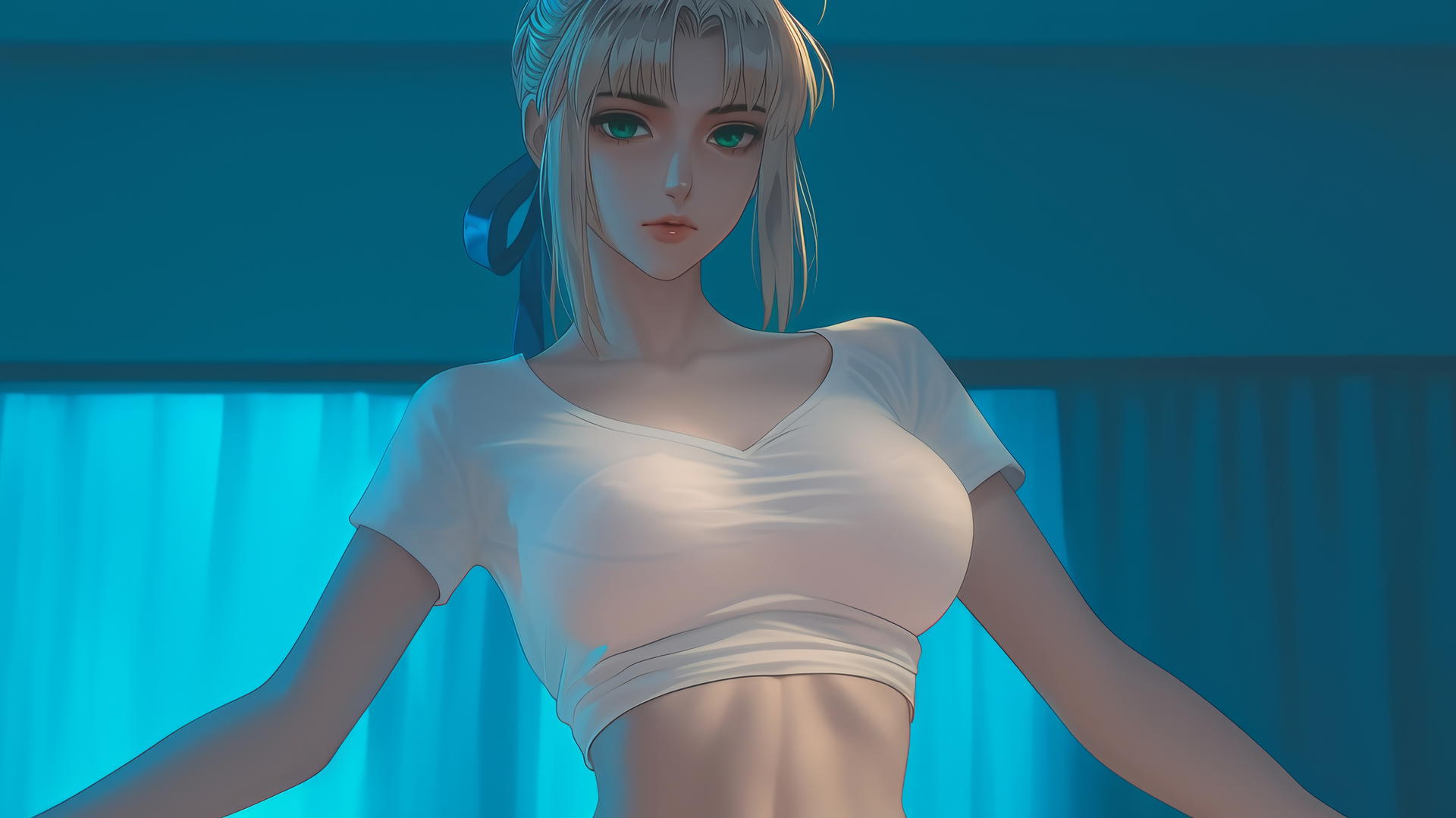 Saber from Fate Zero in t-shirt, kneeling with a soft glow on her figure