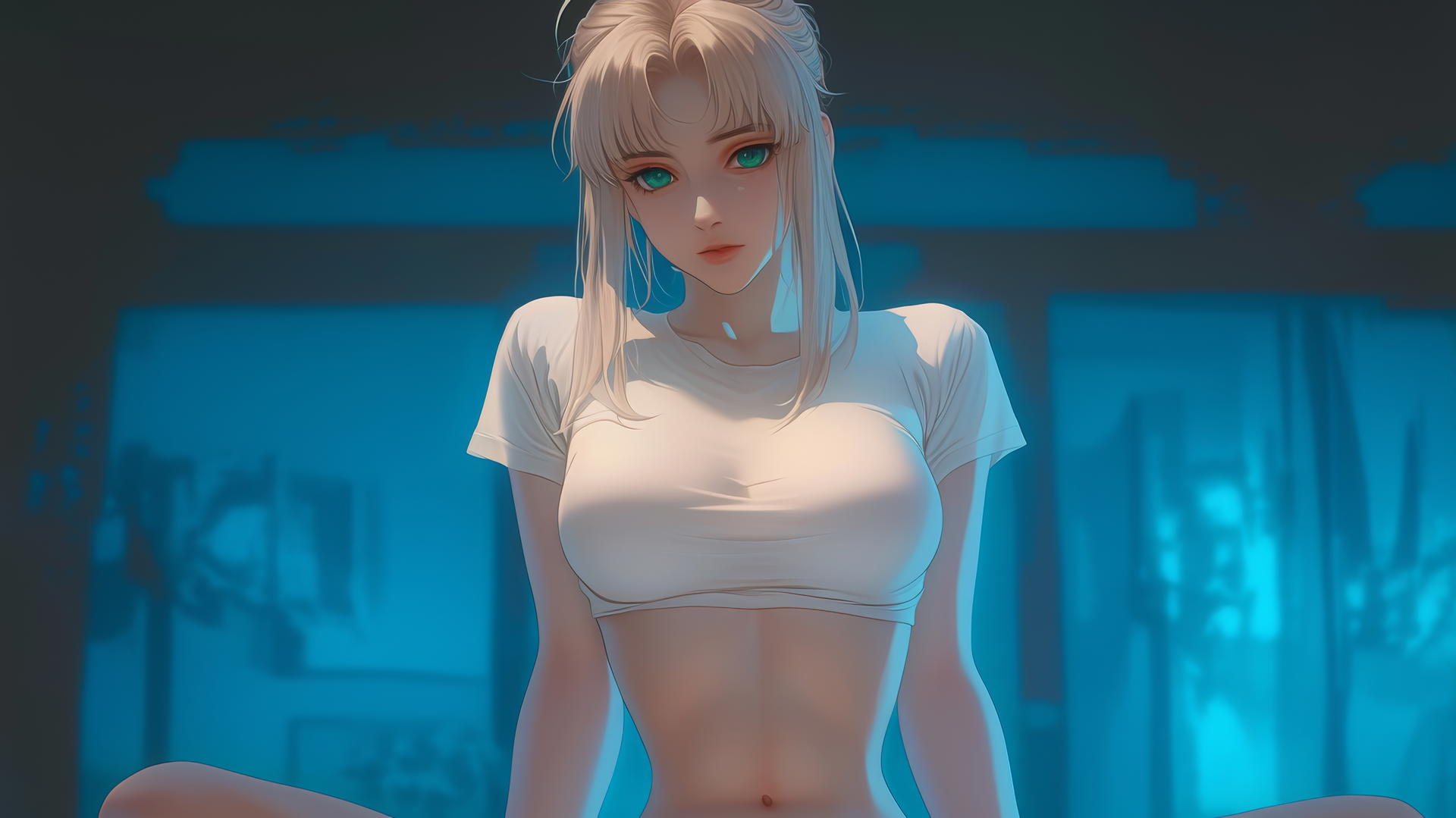 Saber from Fate Zero, kneeling and leaning forward with green eyes, warm light, and ceiling background.