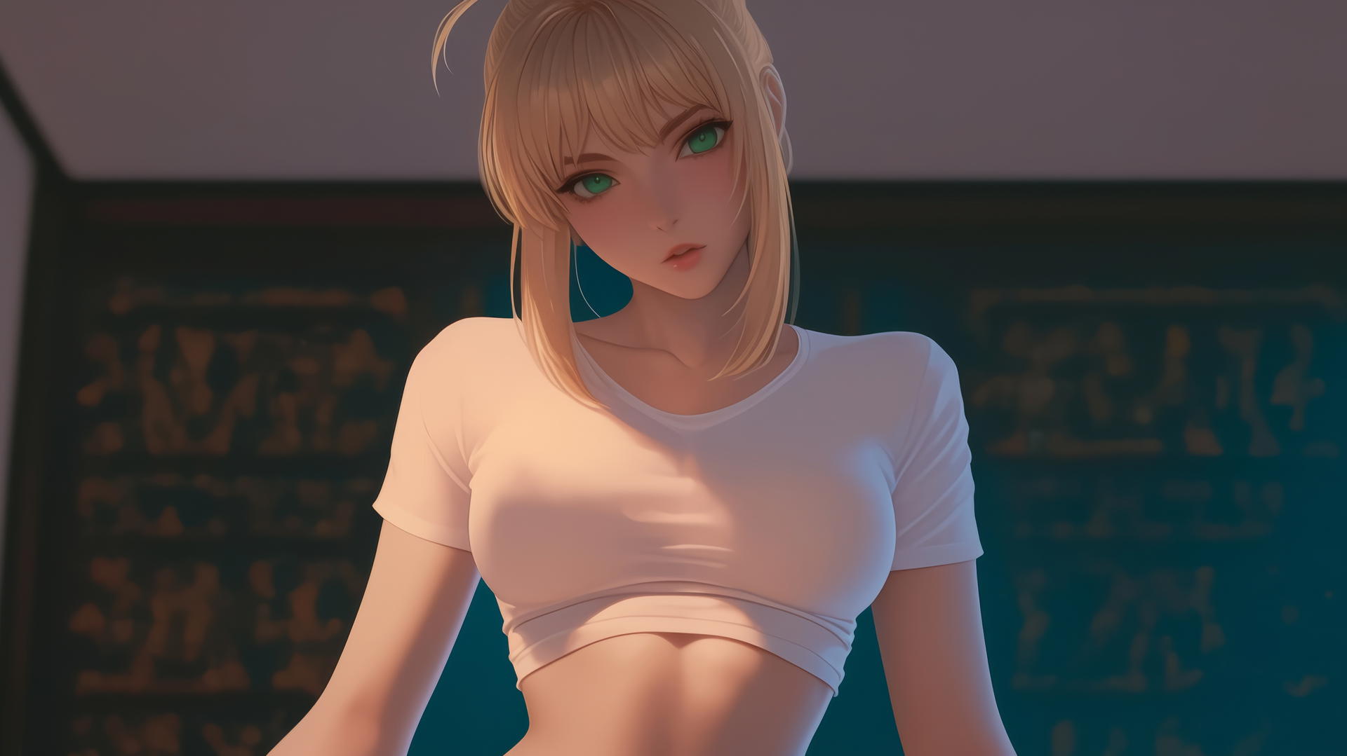 Saber from Fate Zero kneeling and leaning forward, viewed from below, with green eyes and warm light.