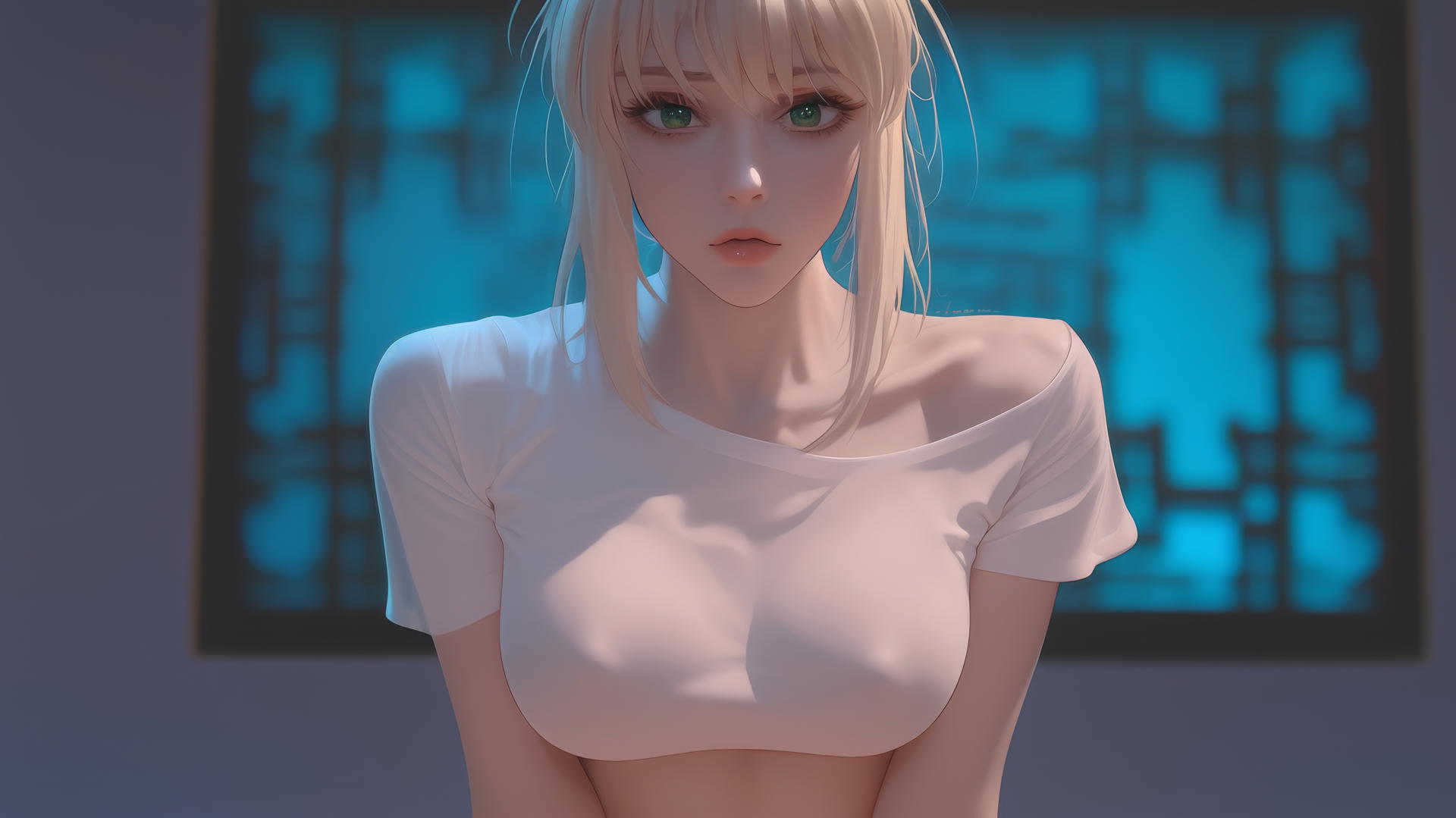 Saber from Fate Zero kneeling, leaning forward, warm light glow, green eyes