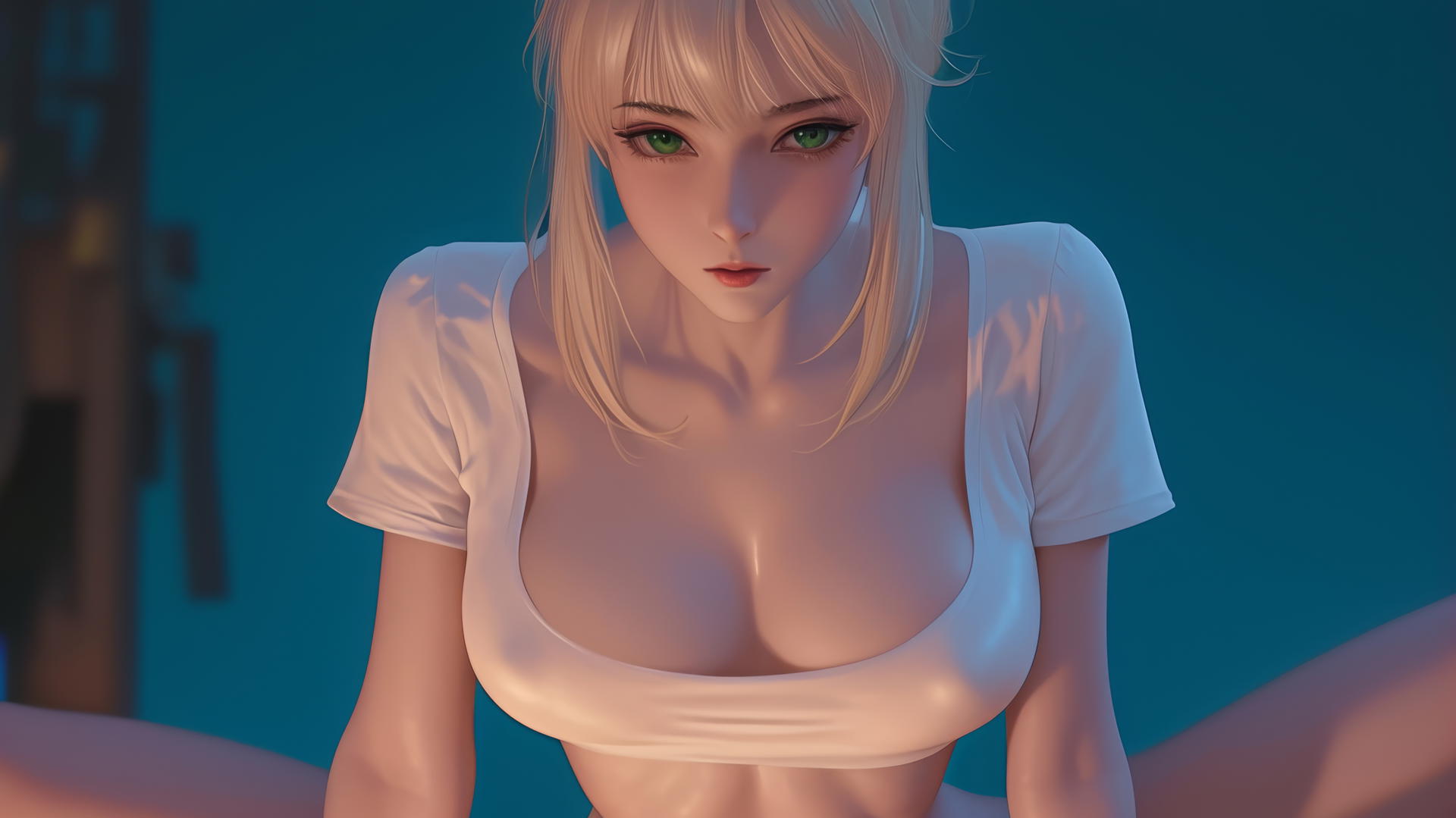 Saber from Fate Zero kneeling and leaning, warm light, green eyes, ceiling background