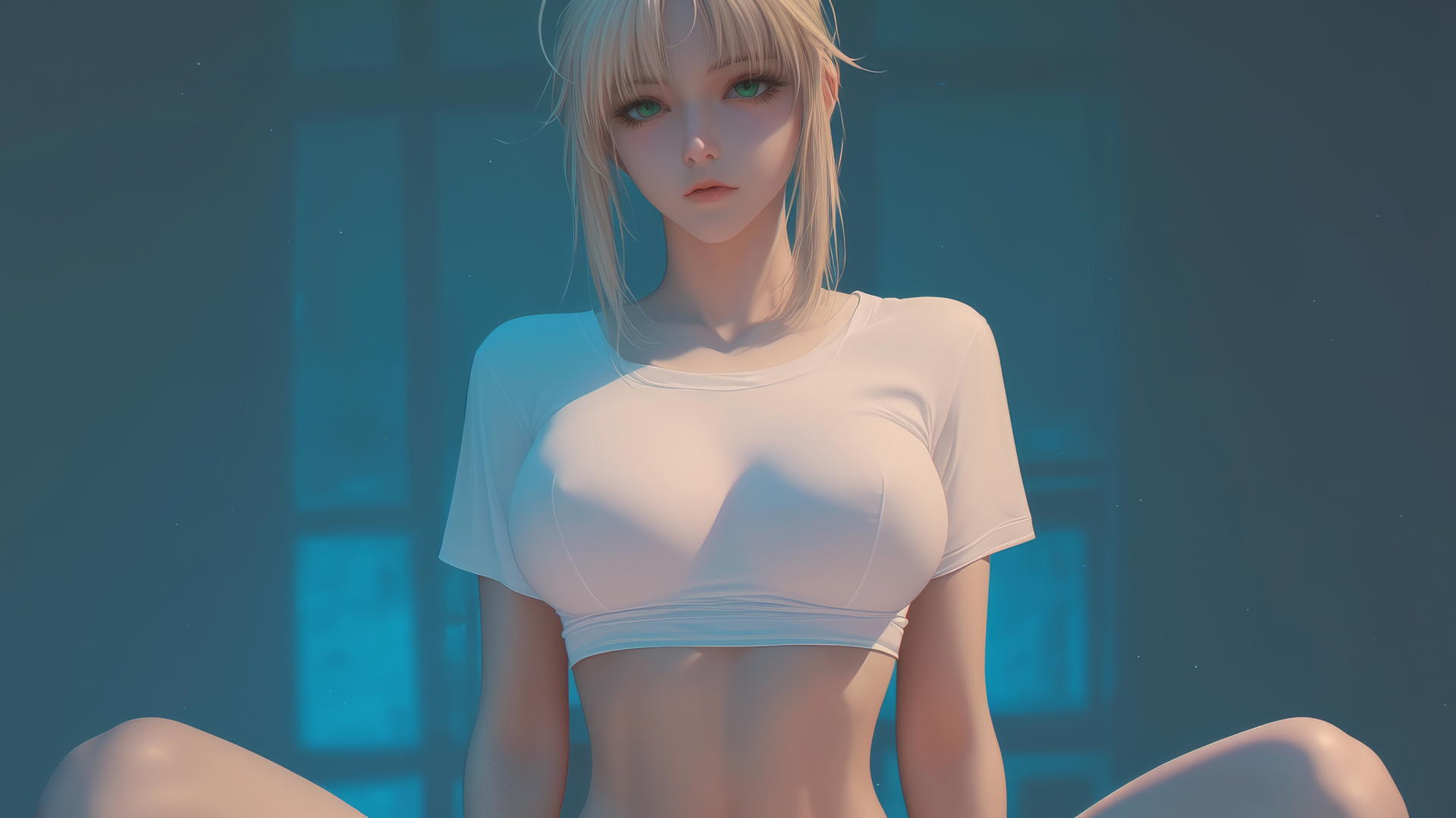 Saber from Fate Zero in a t-shirt, kneeling and looking down, seen from below with a ceiling background.