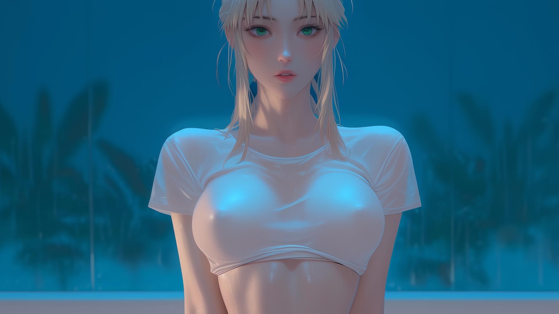 Saber from Fate Zero kneeling and leaning, warm light and green eyes, seen from below