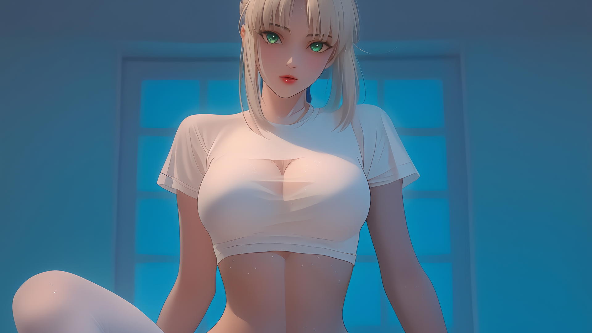 Saber from Fate Zero kneeling, leaning, and looking down with green eyes.