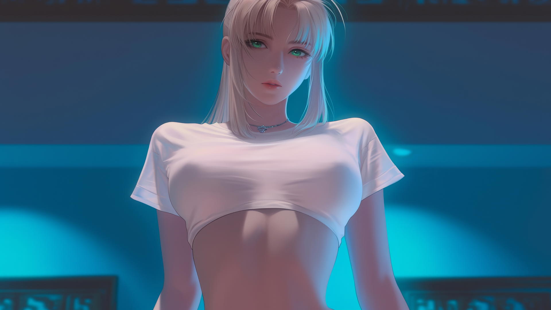 Saber from Fate Zero kneeling and leaning forward, seen from below with green eyes and ceiling background.