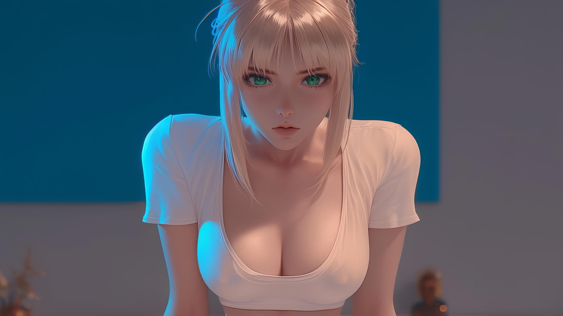 Saber from Fate Zero kneeling, leaning forward with green eyes and warm light.