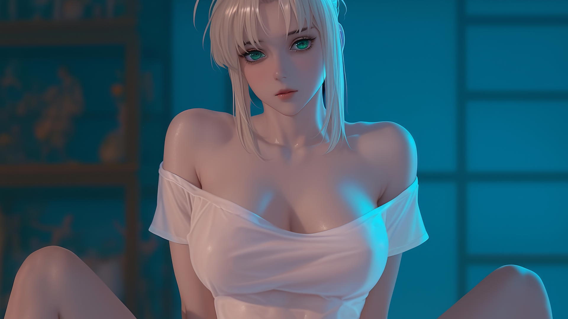 Saber from Fate Zero kneeling and leaning forward, seen from below, warm light, ceiling background