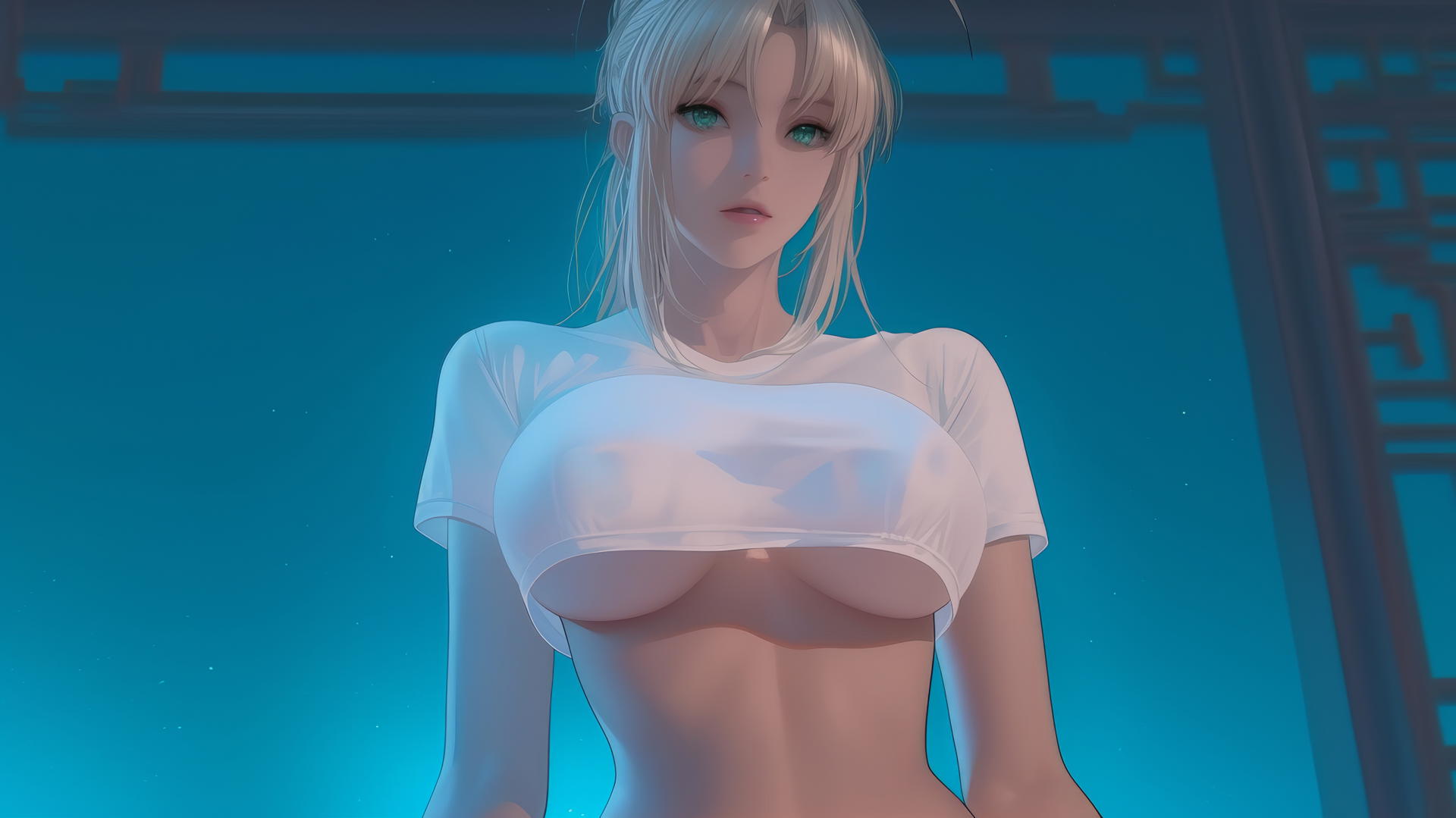 Saber from Fate Zero kneeling and leaning forward, seen from below with warm light