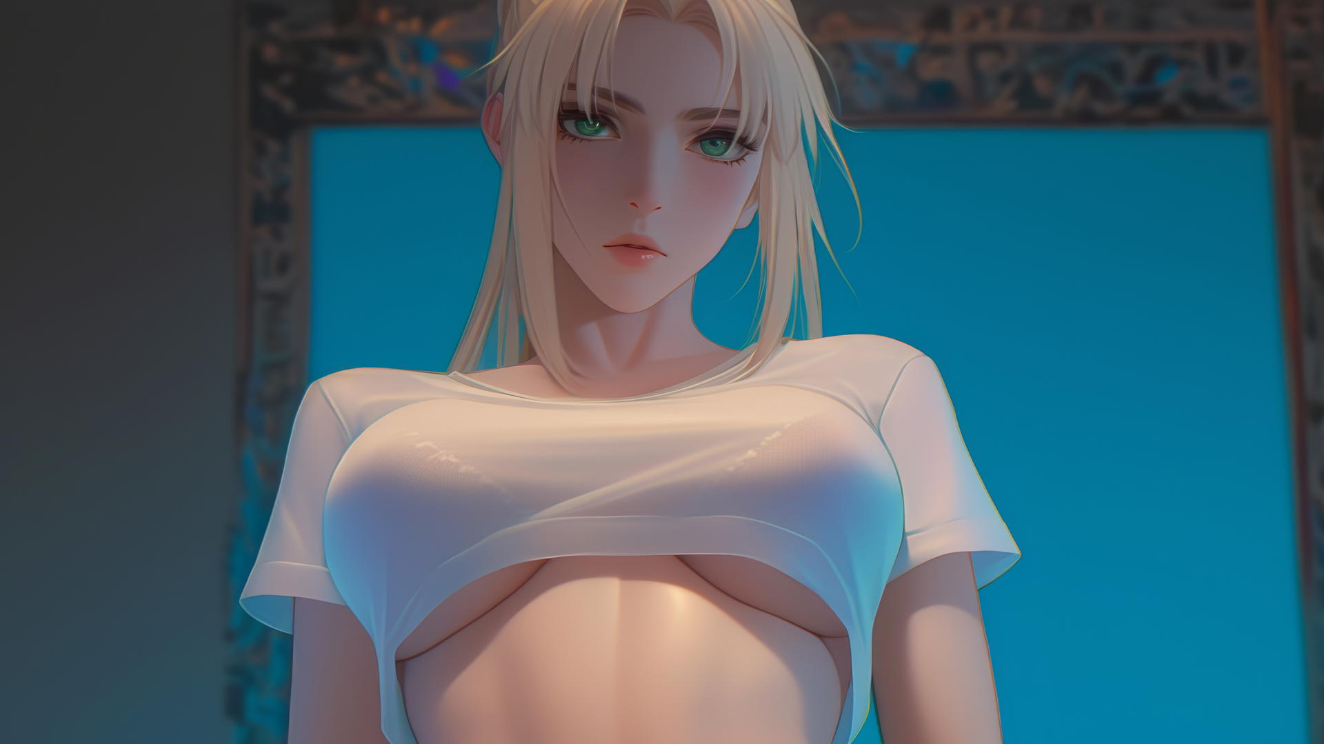 Saber from Fate Zero in a t-shirt, kneeling, viewed from below with soft glow