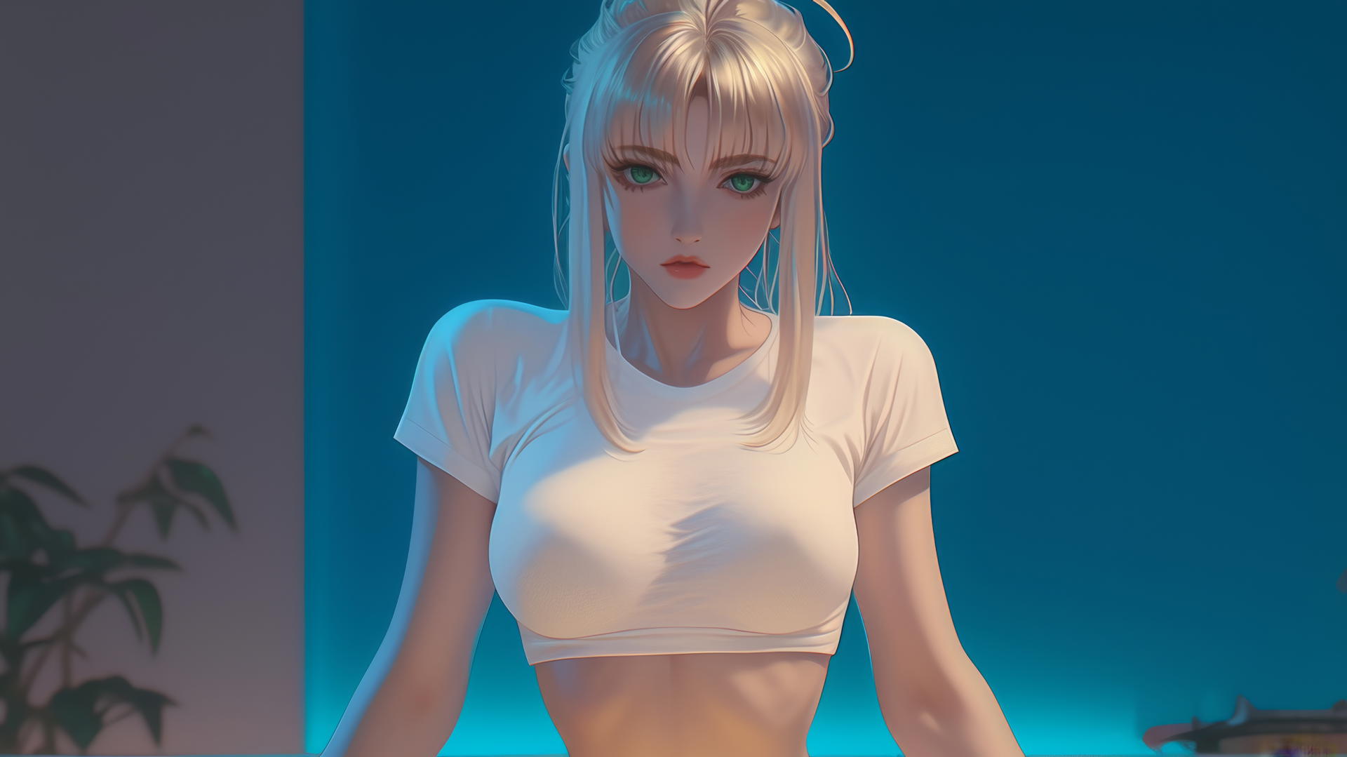 Saber from Fate Zero kneeling and leaning with warm light and green eyes