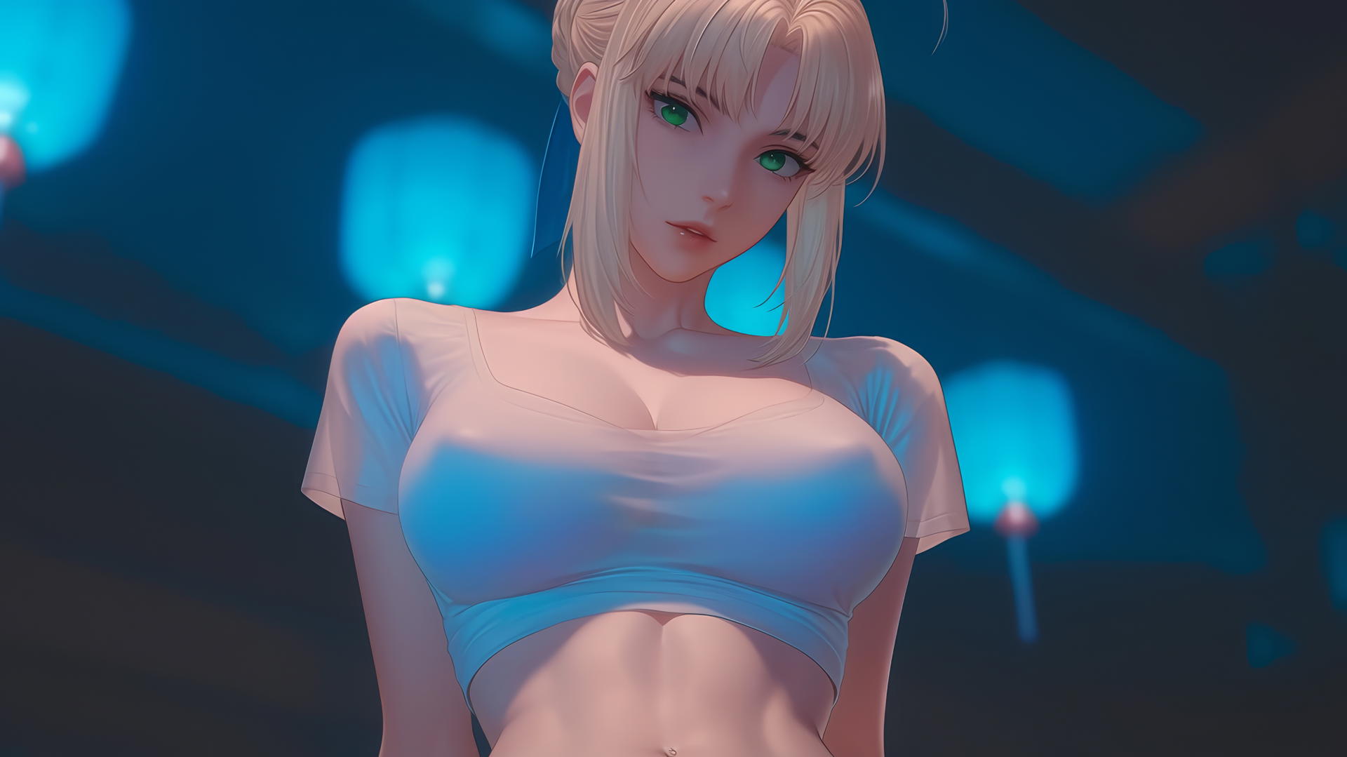 Saber from Fate Zero kneeling, leaning forward with green eyes