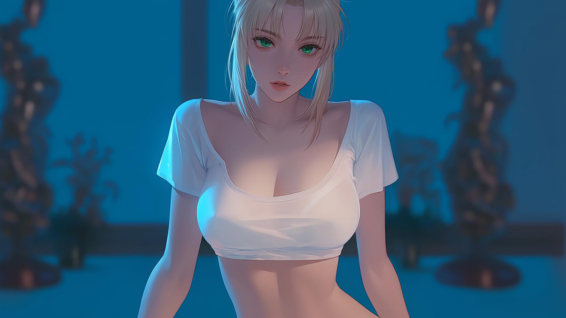 Saber from Fate Zero kneels, leaning forward with warm light on her figure