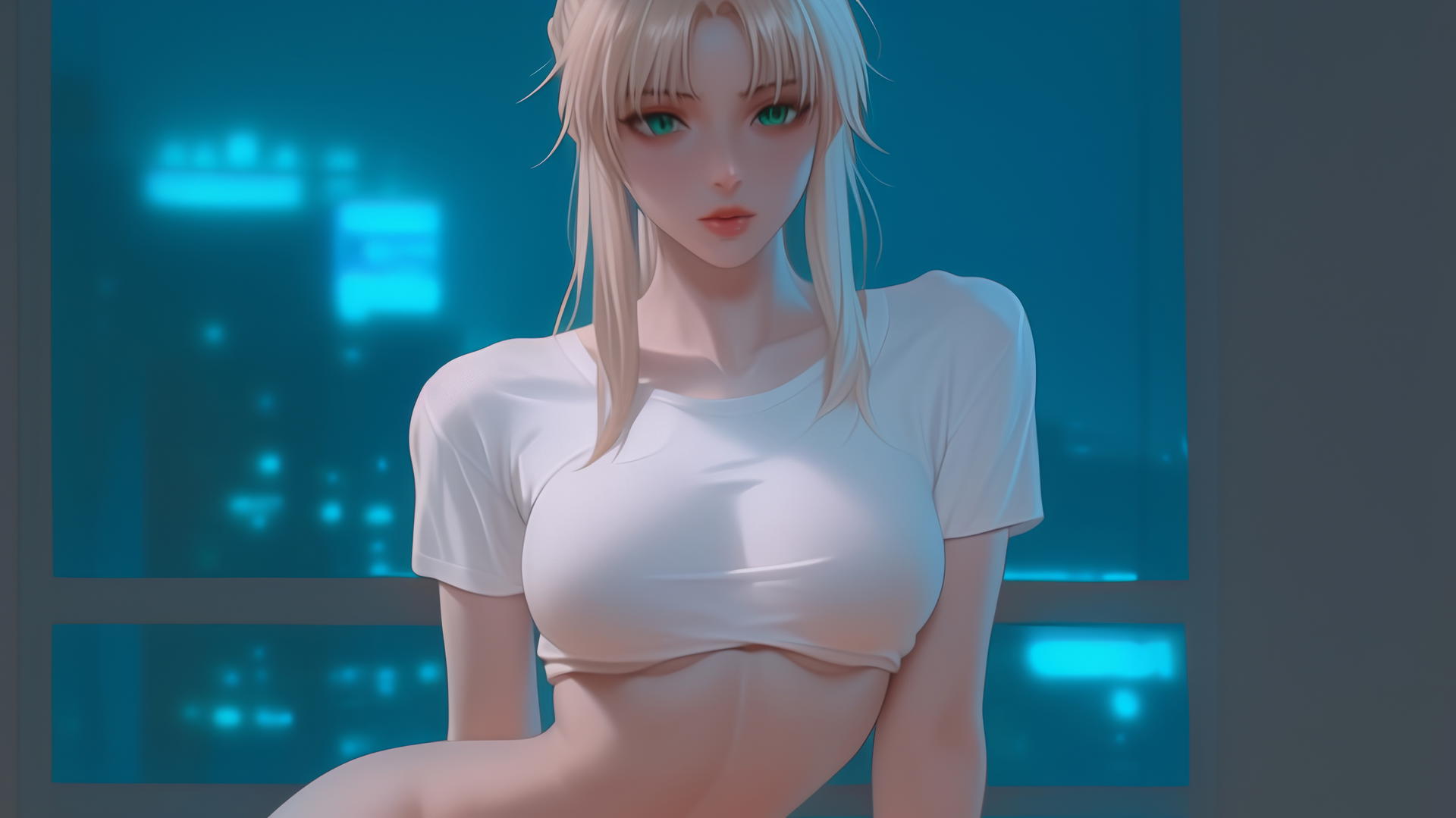 Saber from Fate Zero kneeling and leaning with green eyes, seen from below