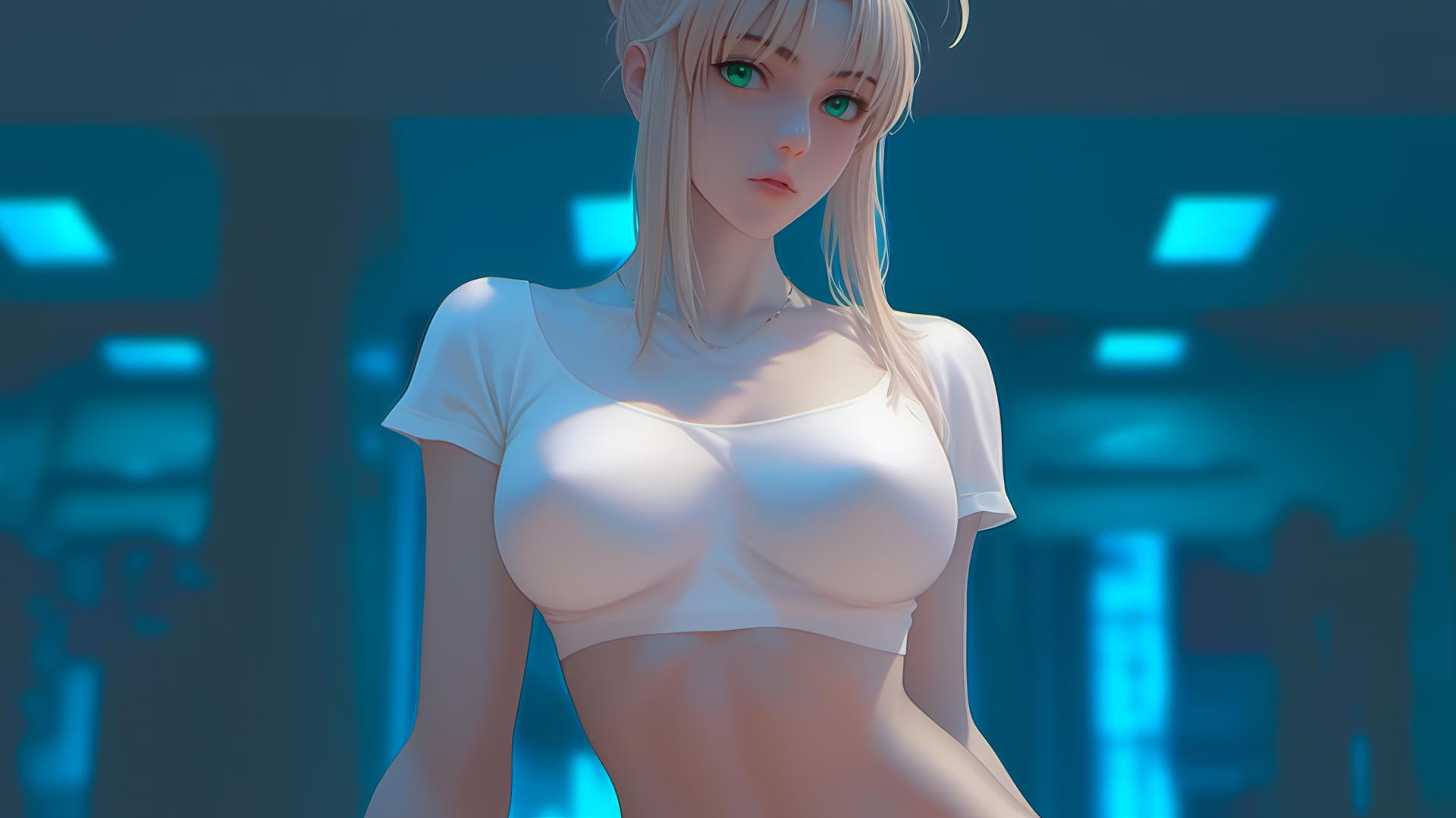 Saber from Fate Zero kneeling, looking down, warm light, ceiling background
