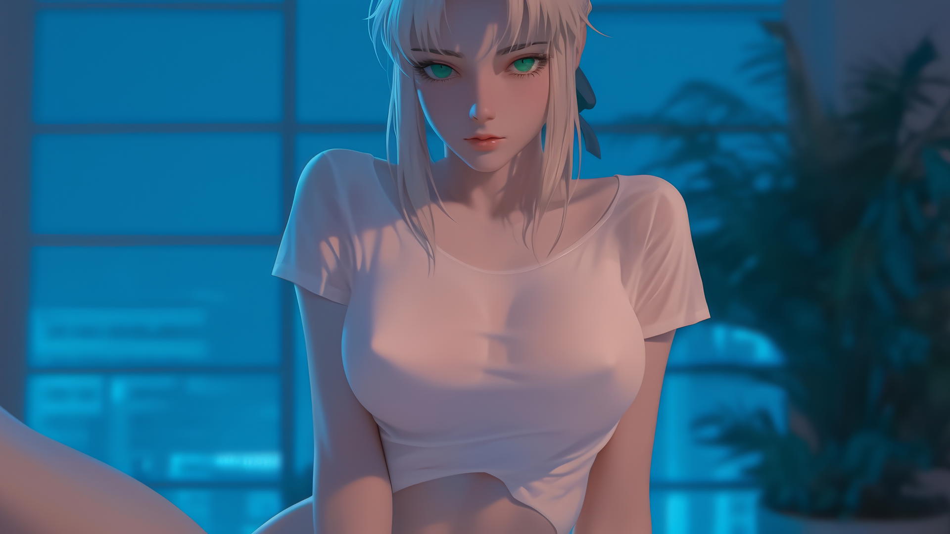 Saber from Fate Zero kneeling, wearing a t-shirt, leaning forward with green eyes.