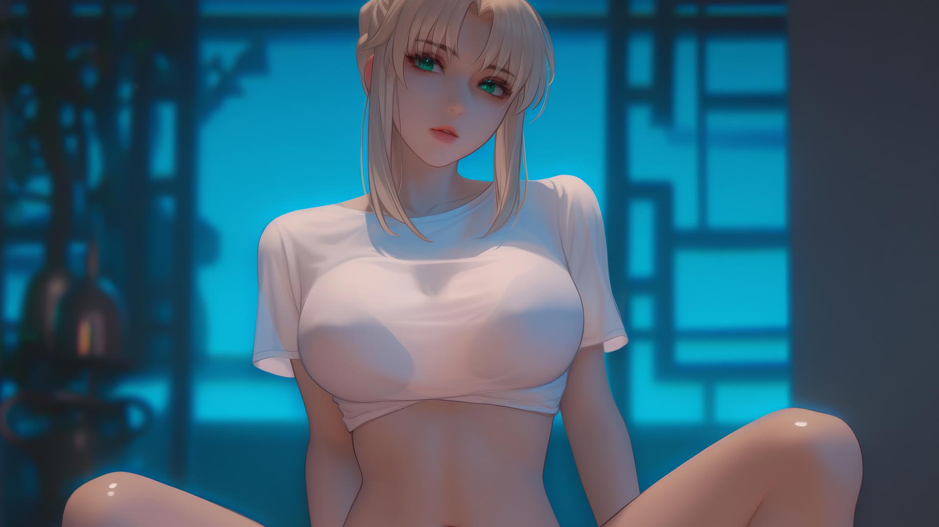 Saber leaning forward, seen from below with green eyes