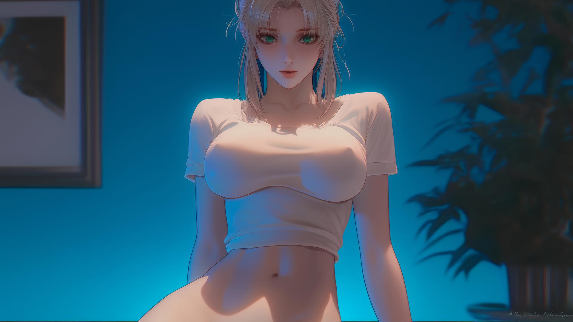 Saber from Fate Zero kneeling and leaning forward, seen from below with a soft glowing light.
