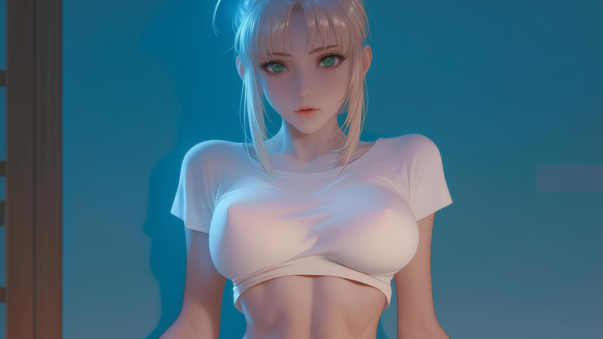 Saber from Fate Zero kneeling and leaning forward, warm light, waist focus