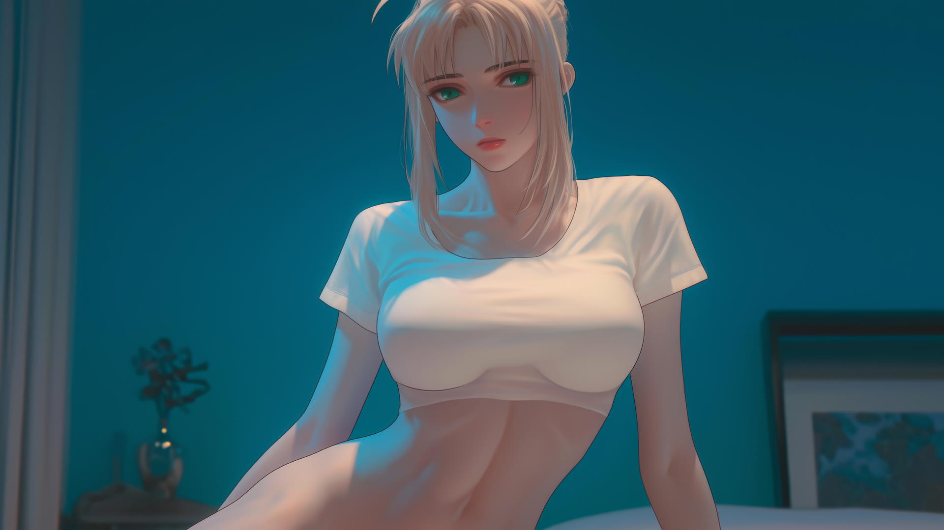 Saber from Fate Zero kneeling and leaning with warm light highlighting her figure