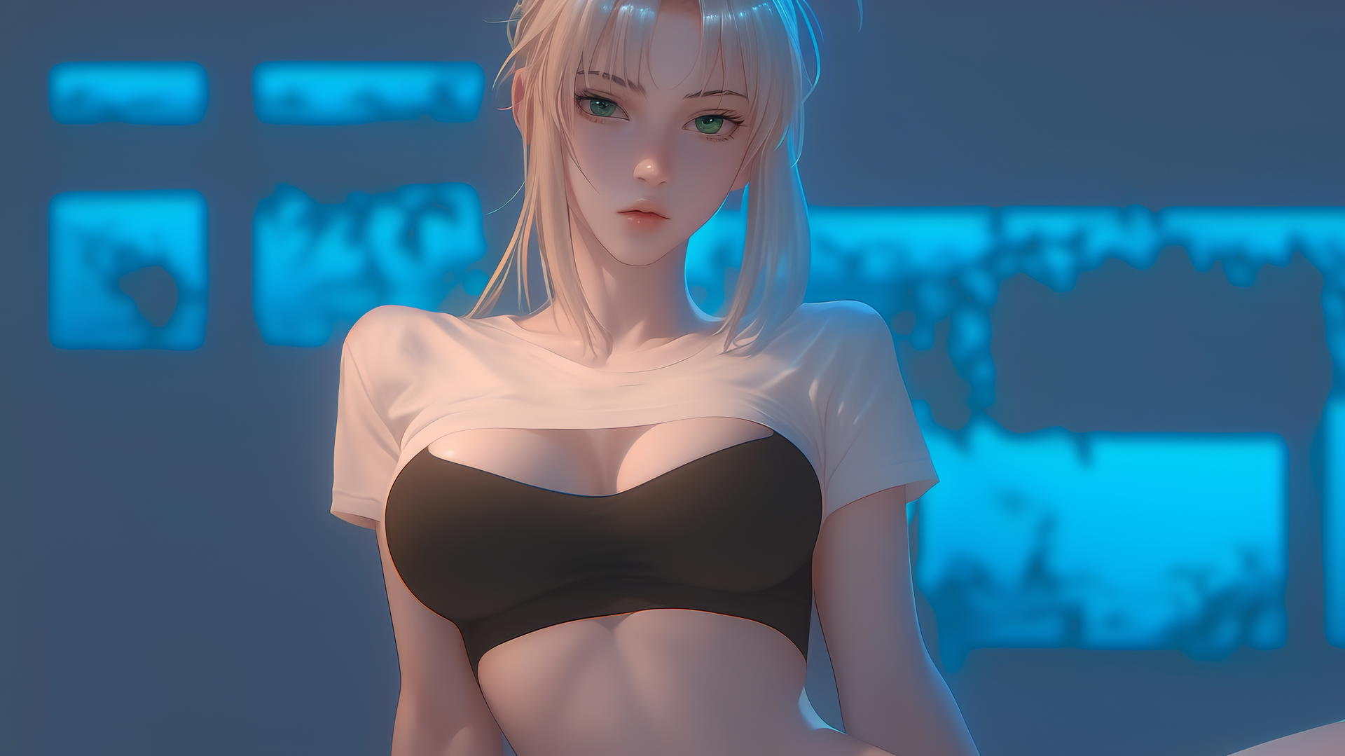 Saber from Fate Zero kneeling and leaning forward, warm light glow, green eyes.