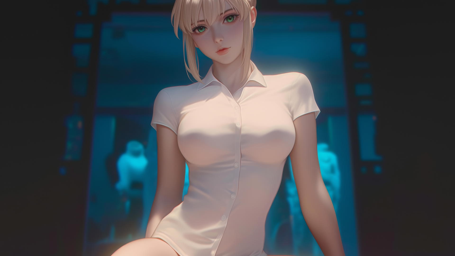 Saber from Fate Zero kneeling and looking down, warm light, ceiling background