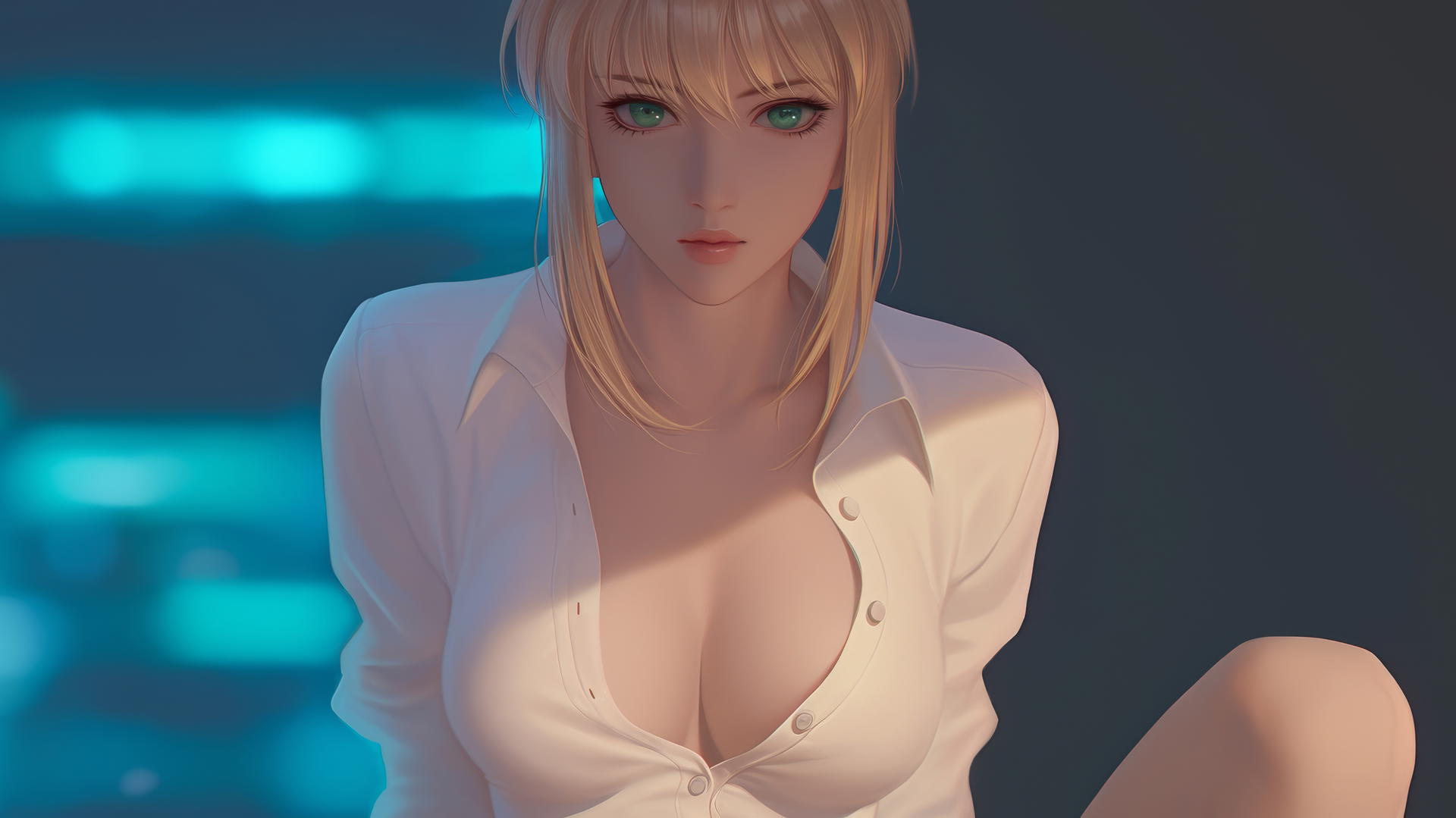 Saber from Fate Zero kneeling, leaning down, with green eyes and warm light glow.