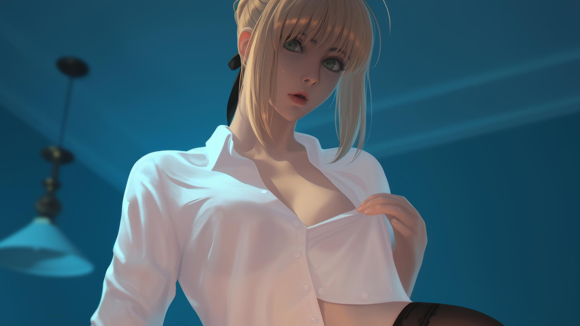 Saber from Fate Zero kneeling, leaning forward with green eyes, warm light glow.