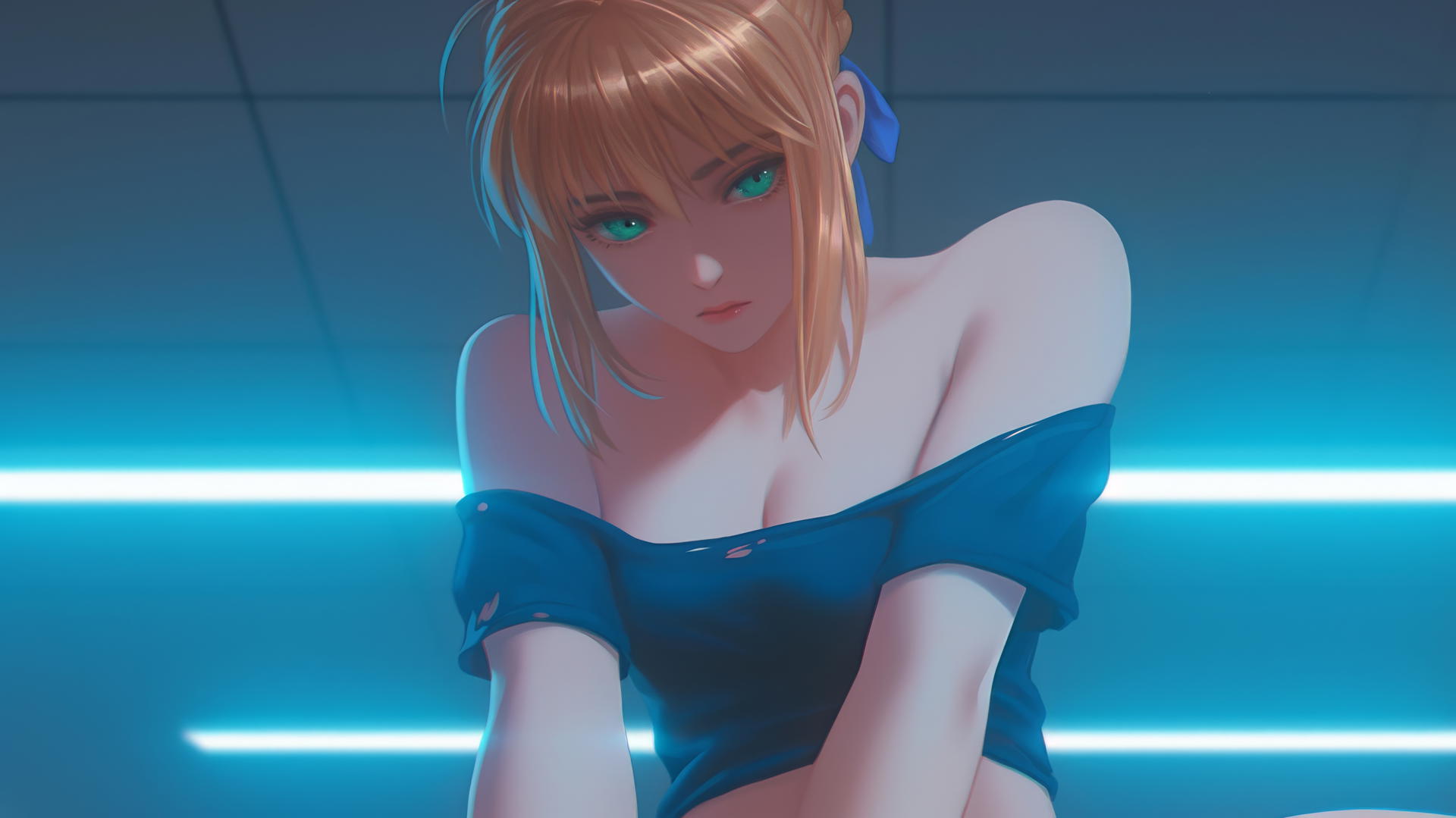 Saber from Fate Zero kneeling and leaning, seen from below with green eyes, warm light