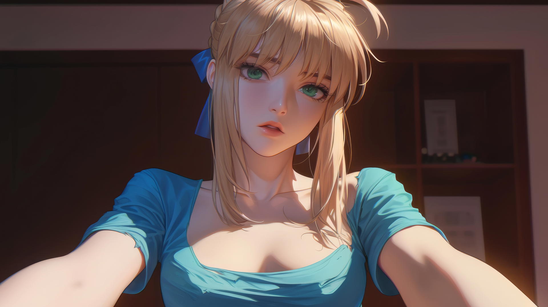 Saber from Fate Zero kneeling and leaning forward, green eyes, ceiling background, warm light
