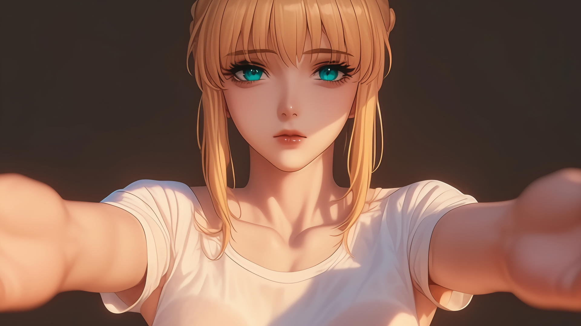 Saber from Fate Zero, kneeling and leaning forward with green eyes, seen from below, warm light