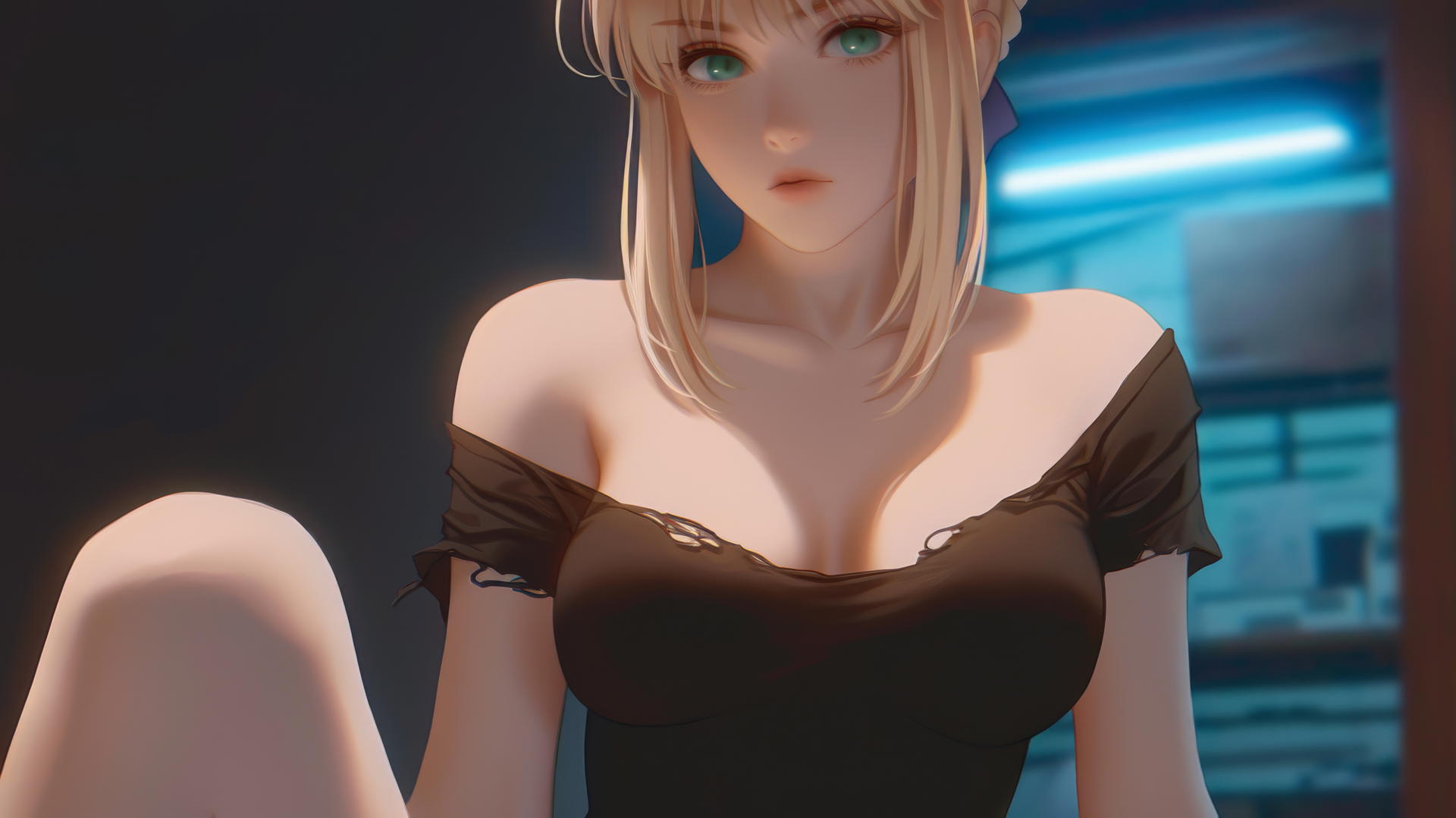 Saber from Fate Zero in a broken t-shirt, kneeling and leaning down with green eyes