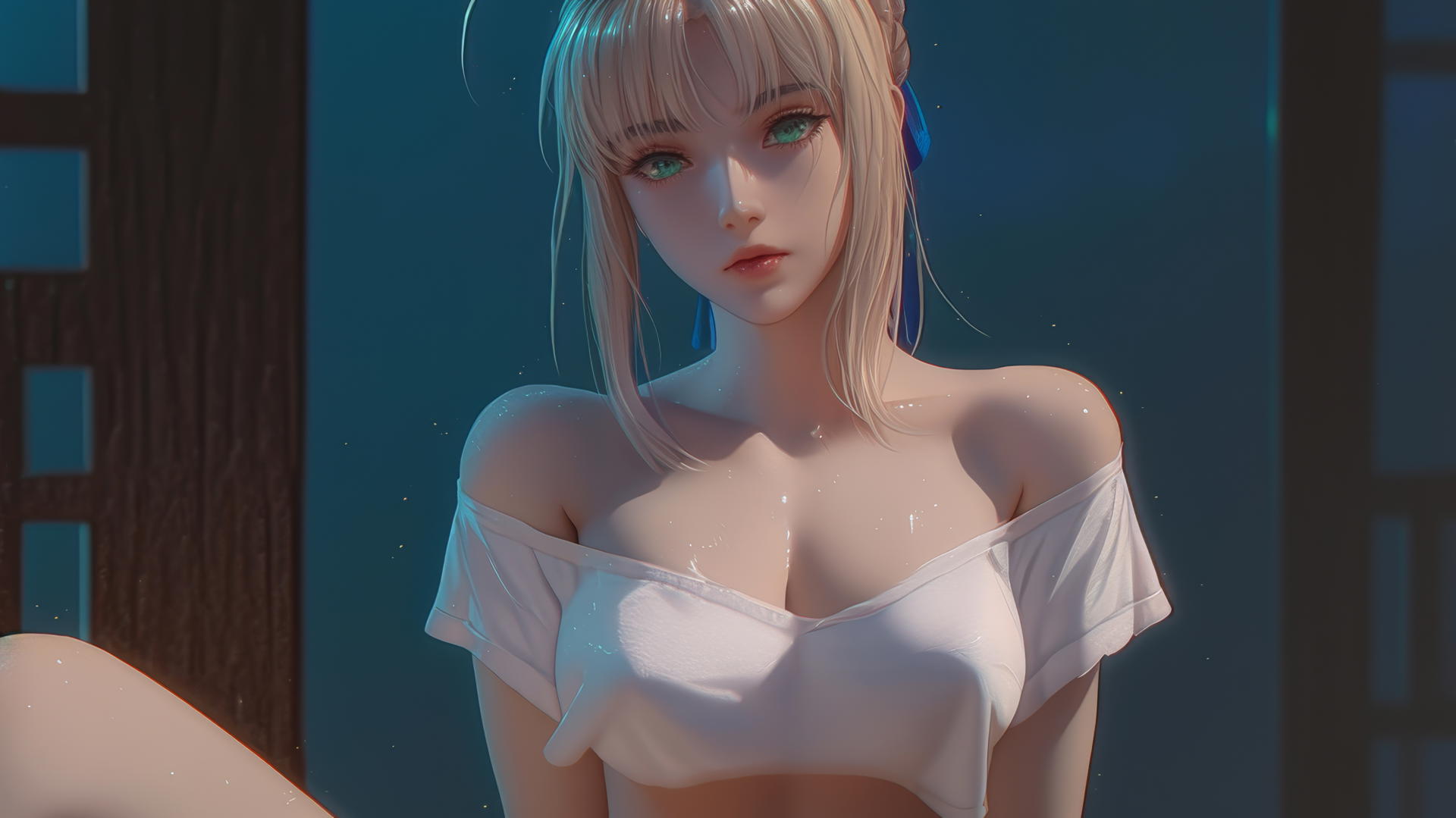 Saber from Fate Zero in a broken t-shirt, kneeling and leaning forward, with green eyes under warm light