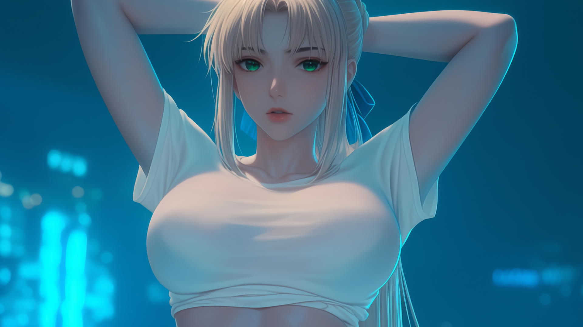 Saber from Fate Zero kneeling and leaning, eyes looking straight down, soft light