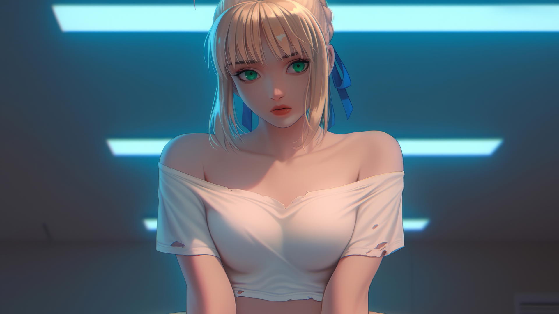 Saber from Fate Zero in a broken t-shirt kneeling and leaning forward, seen from below, with a ceiling background, warm light glow.