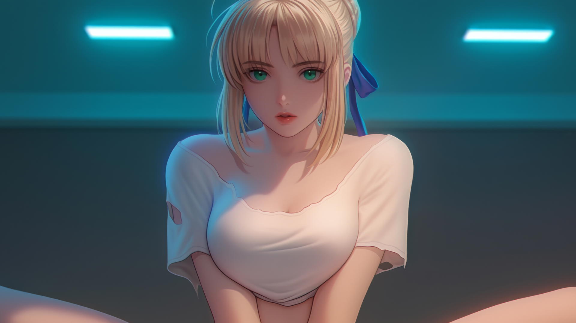 Saber from Fate Zero kneeling, leaning towards the viewer, with green eyes and warm light.