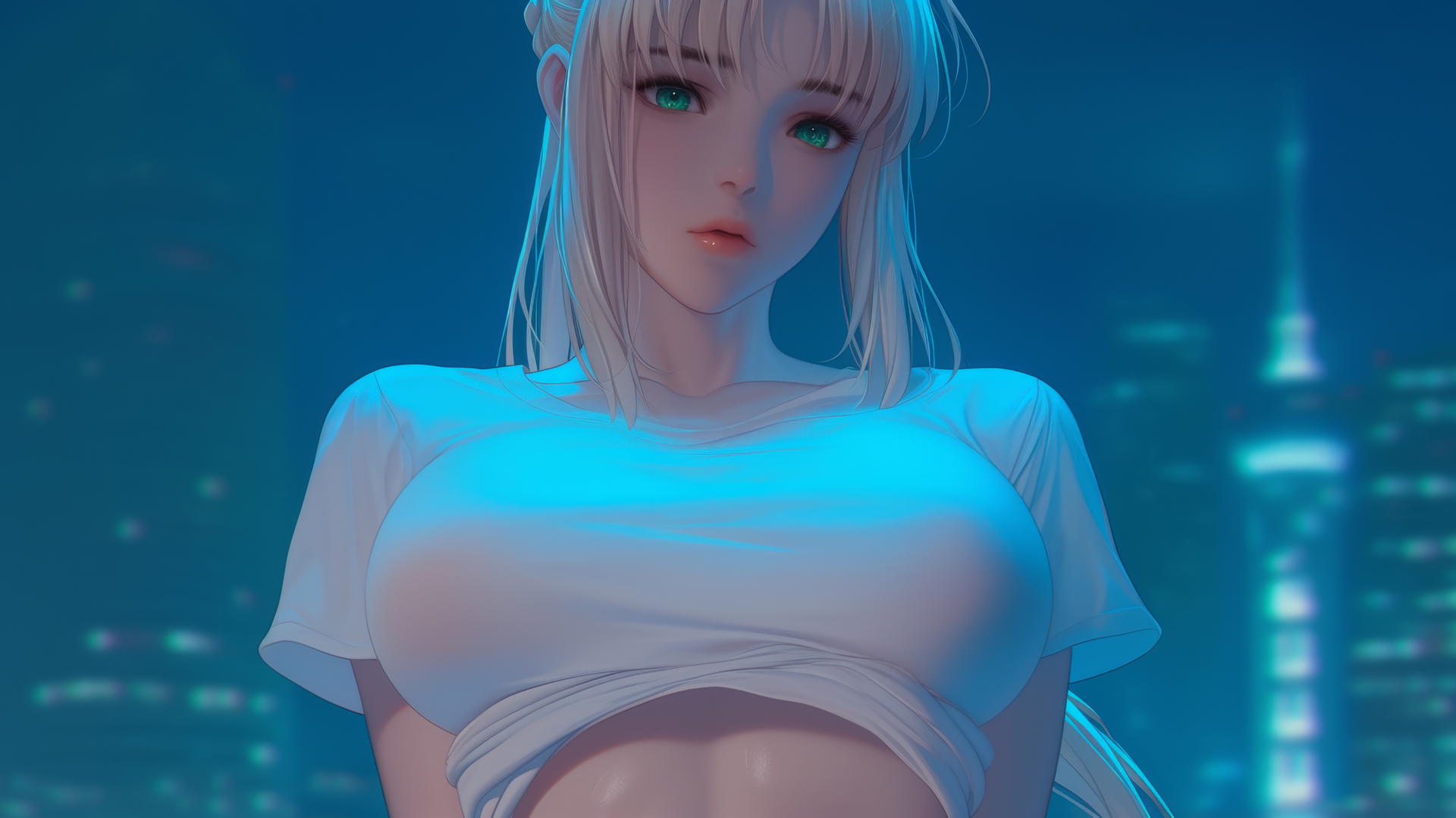 Saber from Fate Zero kneeling and leaning forward, looking down with green eyes and a ceiling background.
