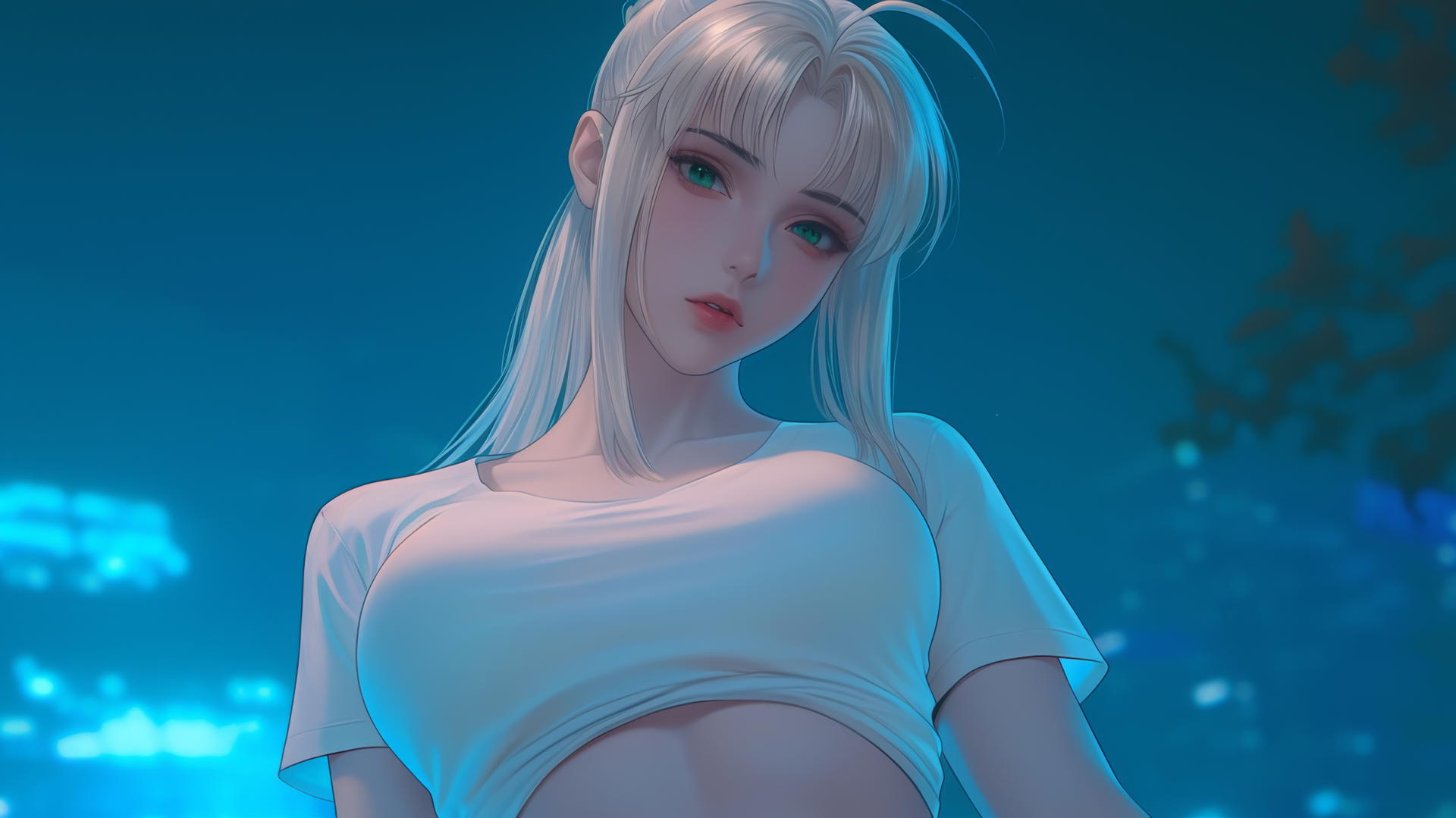 Saber from Fate Zero kneeling and leaning forward with green eyes, seen from below.