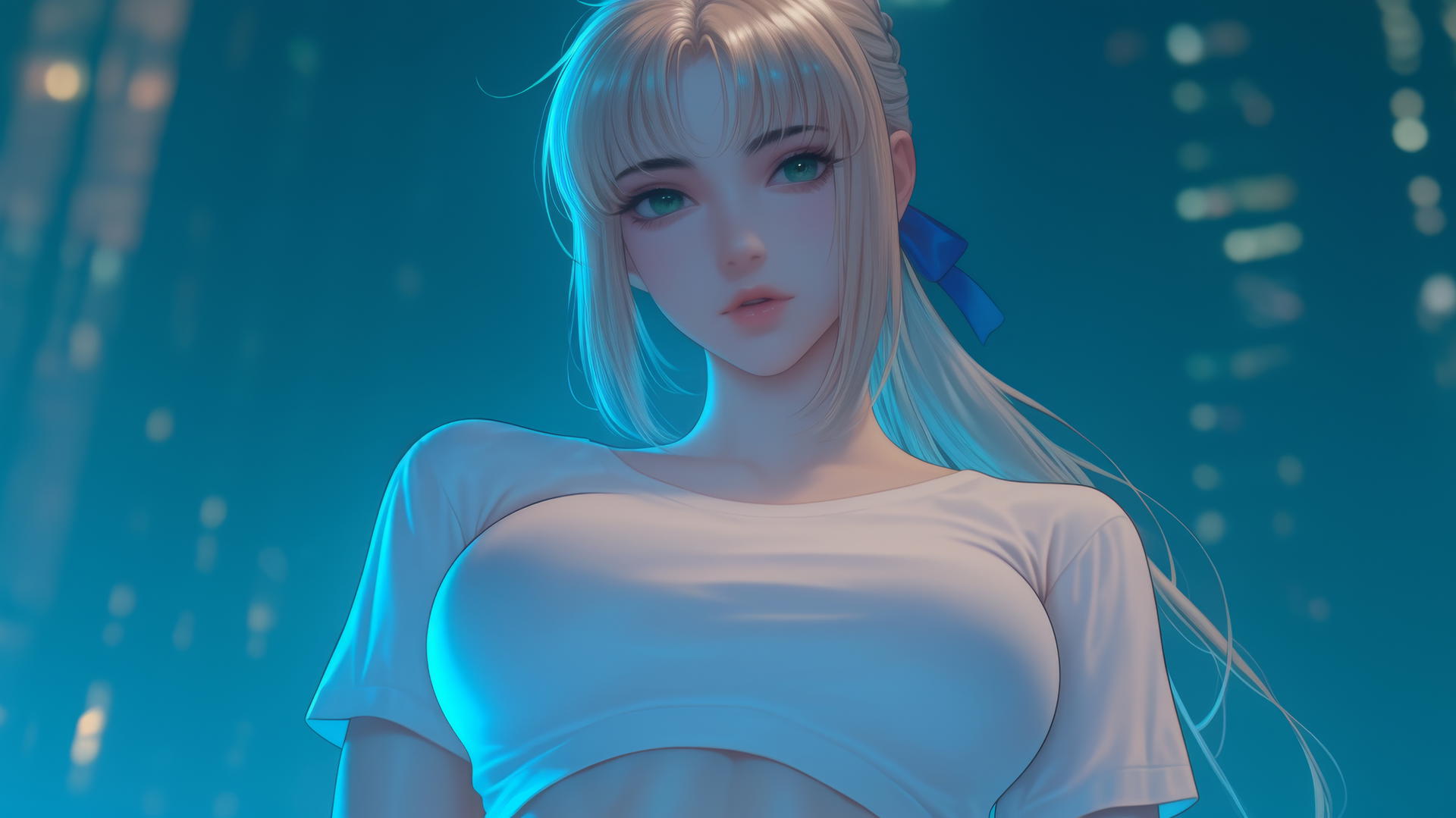 Saber from Fate Zero kneeling, looking down, with green eyes and warm light.