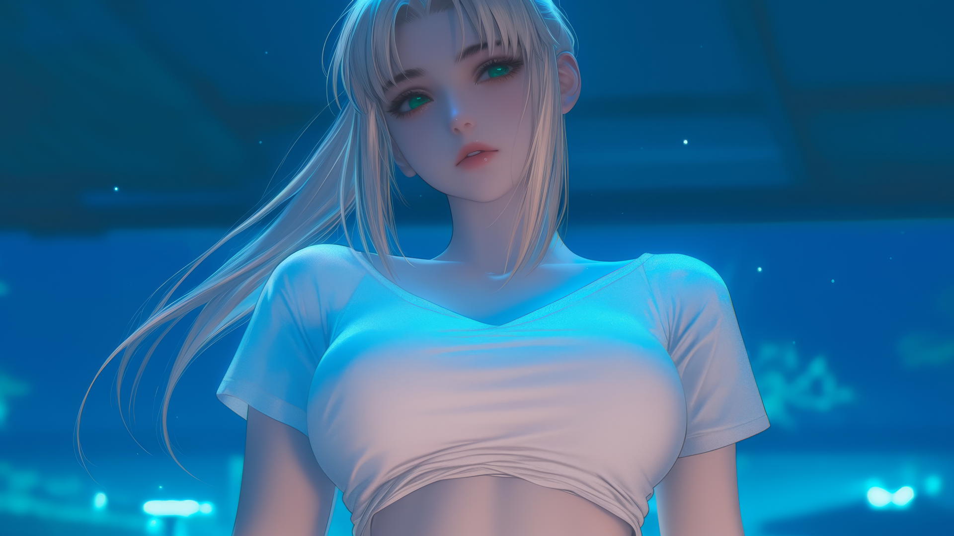 Saber from Fate Zero, kneeling, looking down with green eyes, warm light, ceiling background