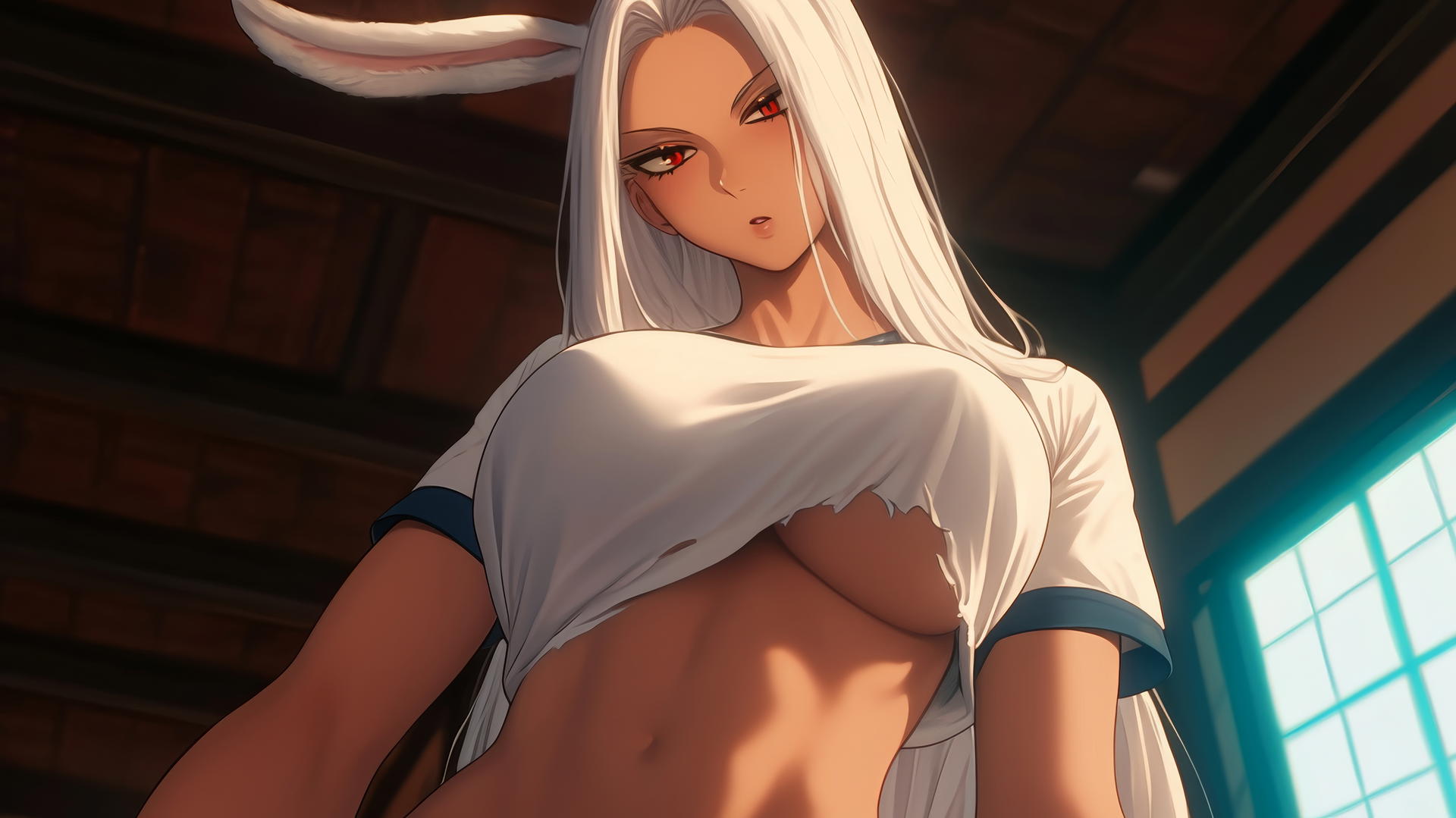 Mirko from My Hero Academia kneeling and leaning, wearing a worn out t-shirt with rips, tan-skinned, red narrow eyes, long white rabbit ears and hair, warm light glow, ceiling behind.