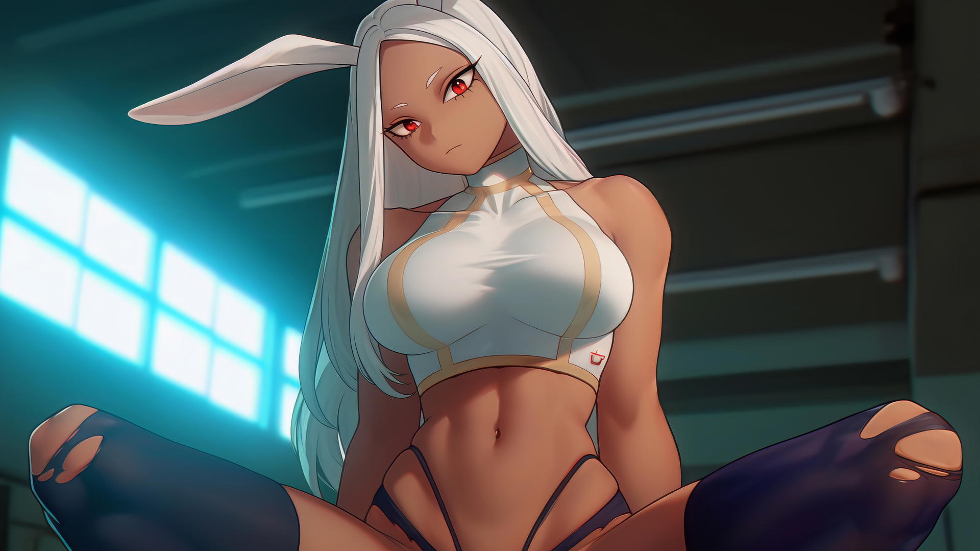Mirko from My Hero Academia, tan-skinned with narrow red eyes, white hair, and rabbit ears, kneeling and leaning forward.