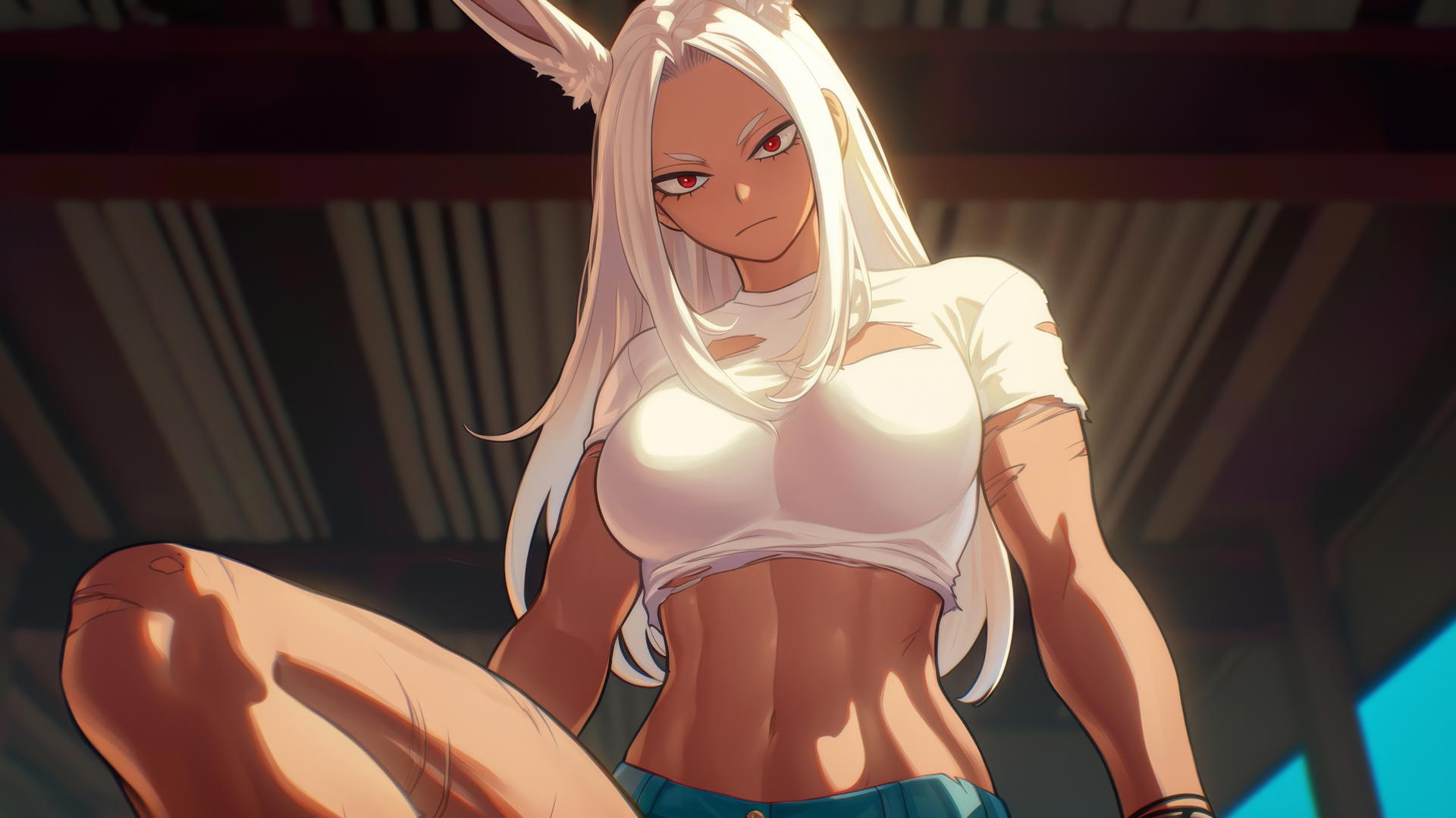 Mirko from My Hero Academia kneeling and leaning forward, with white rabbit ears, seen from below.