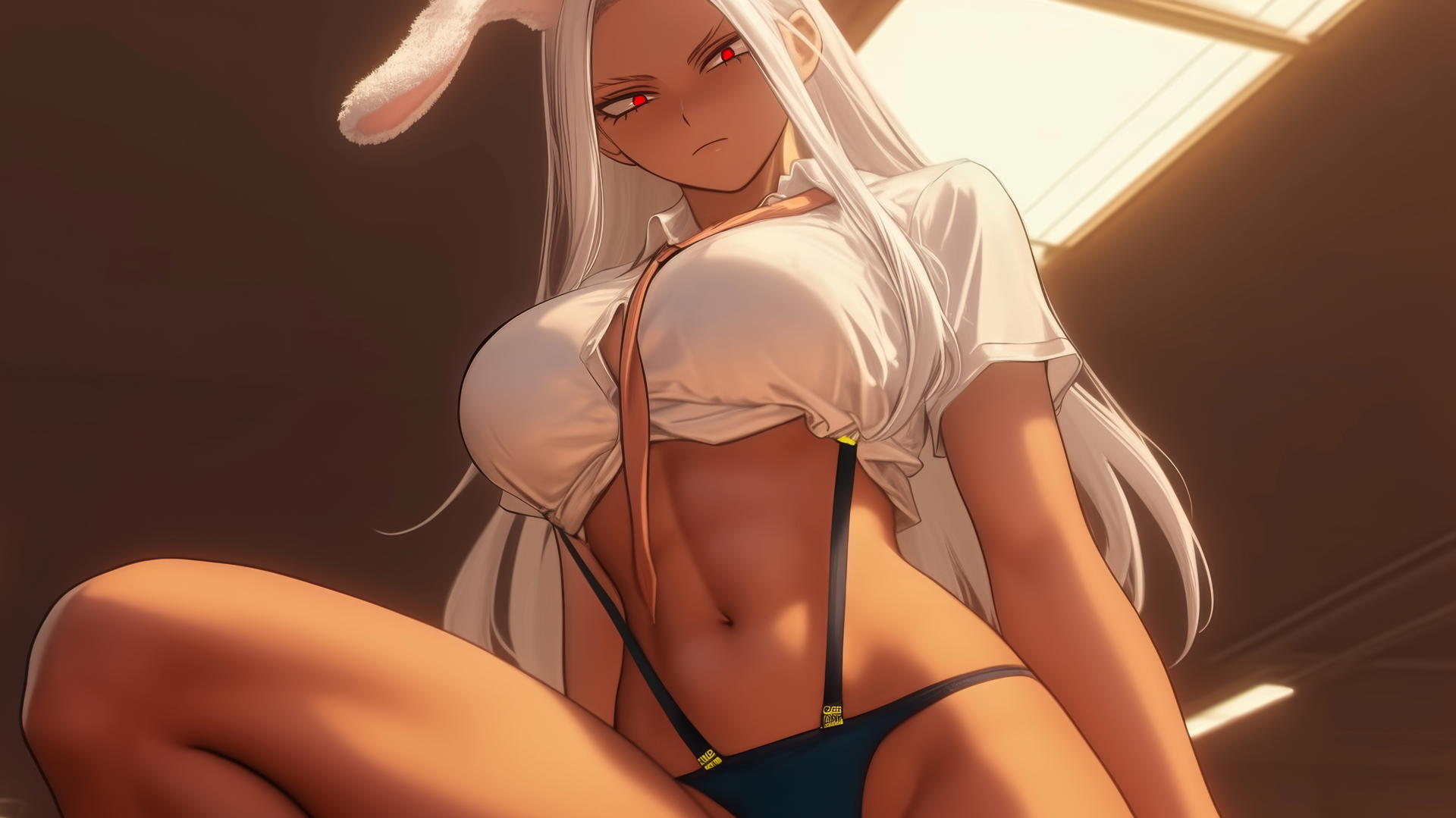 Mirko from My Hero Academia kneeling and leaning forward with rabbit ears under warm light