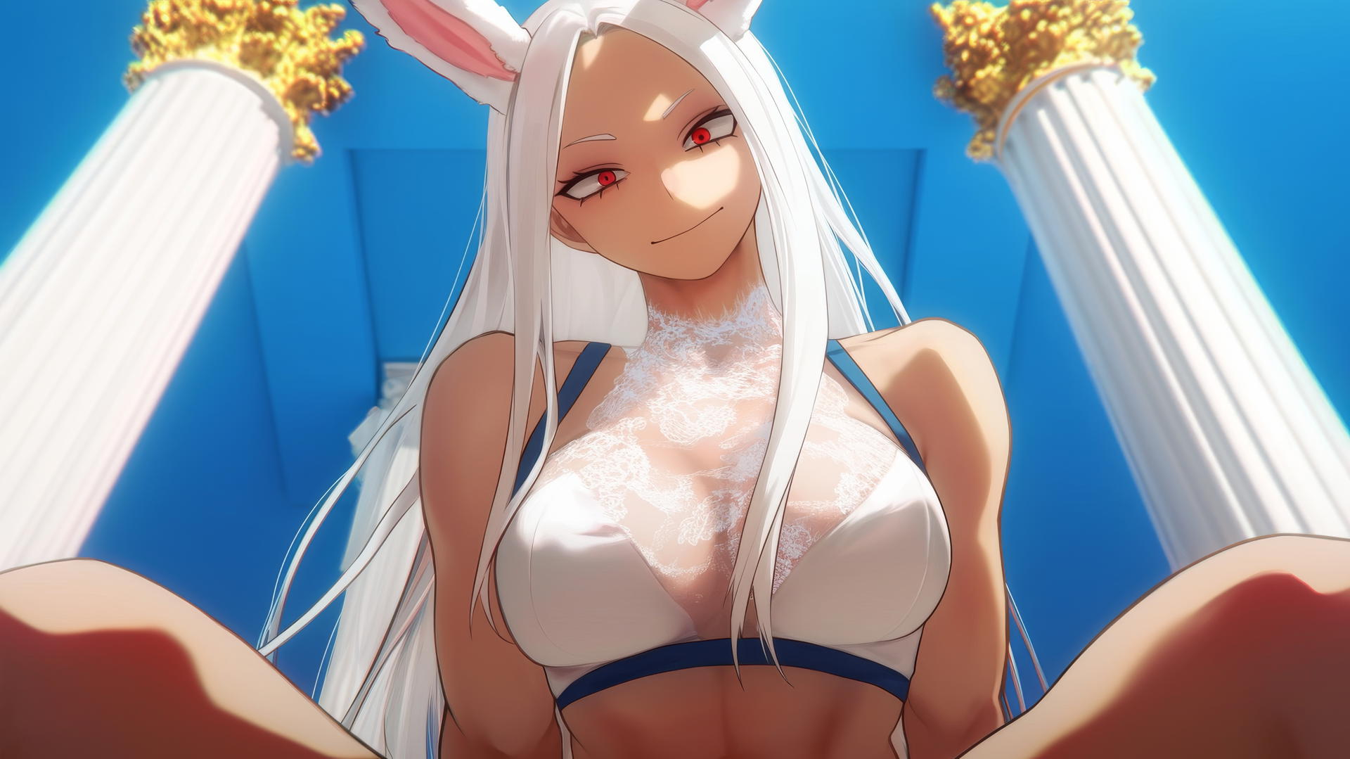 Mirko from My Hero Academia in a wedding dress, kneeling with white rabbit ears and tail, warm light