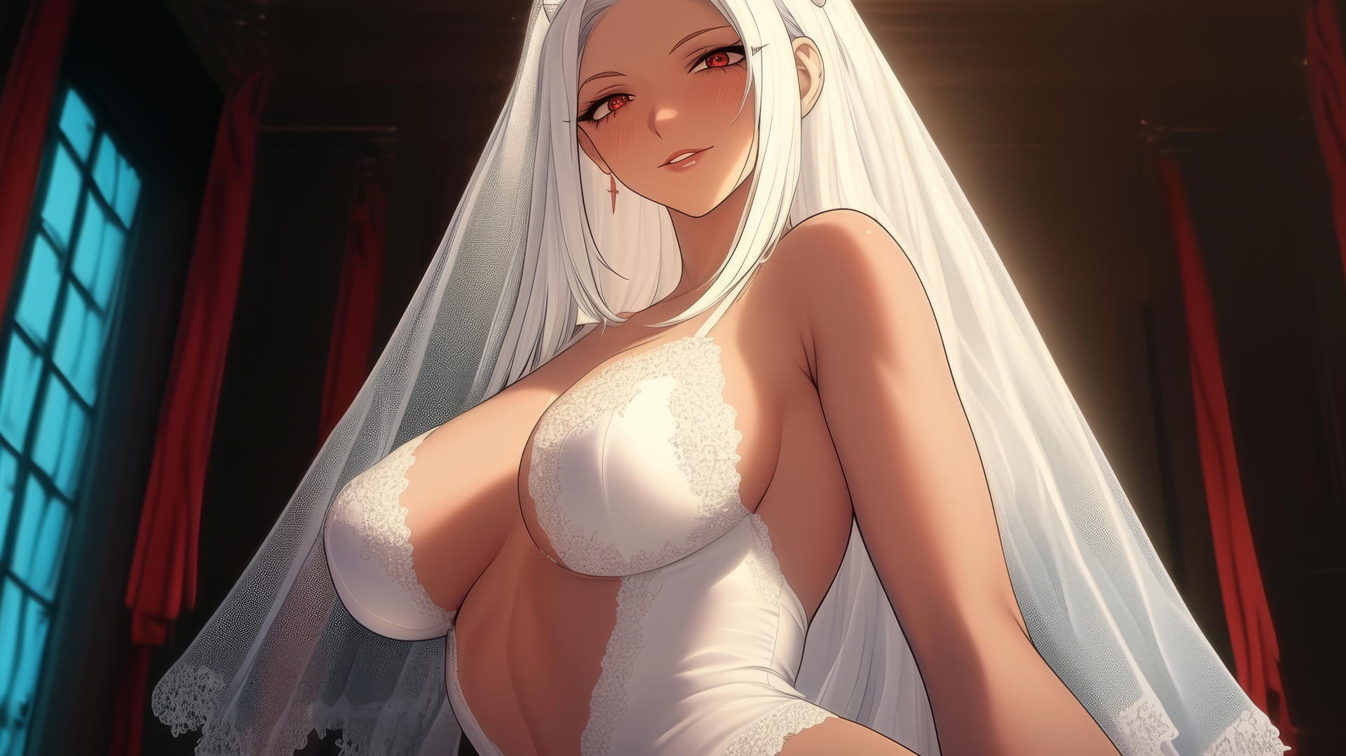 Character Mirko from My Hero Academia in wedding dress kneeling with rabbit features.