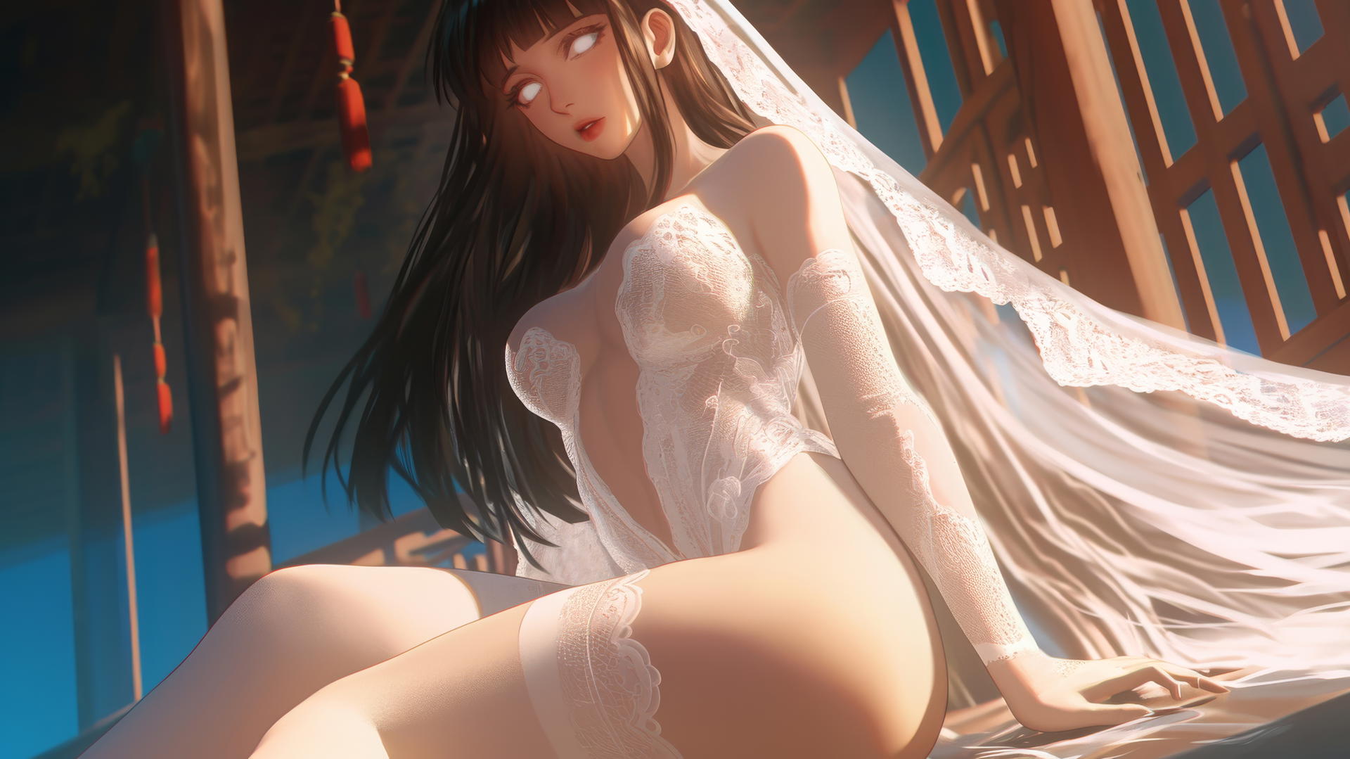 Hinata Hyuga in a wedding dress kneeling and leaning forward, with a ceiling background and warm light.